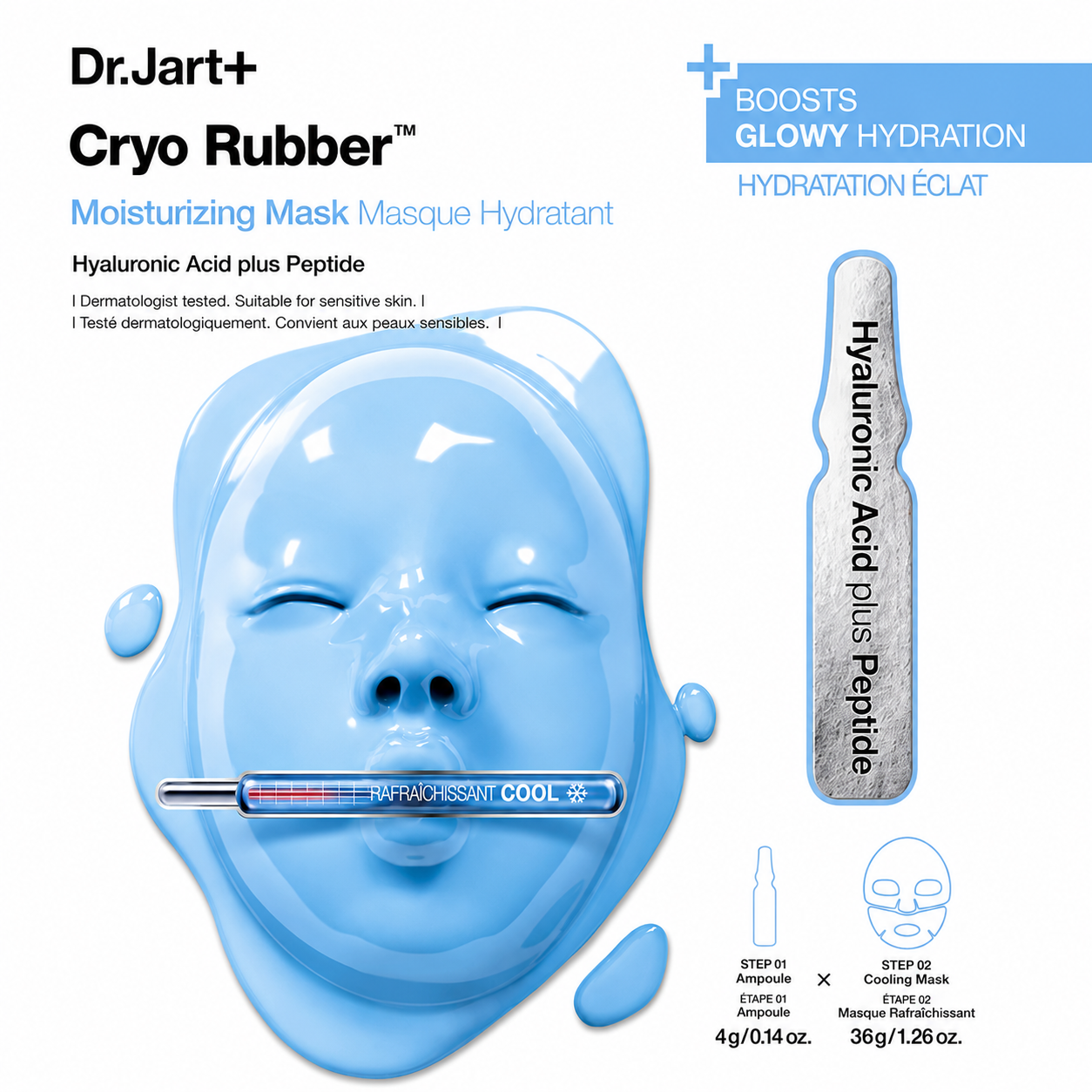 Dr.Jart+ Cryo Rubber Moisturizing Mask with Hyaluronic Acid Plus Peptide sheet mask, displayed in its original white and blue sachet on a pure white background, highlighting the innovative cooling rubber mask technology and premium skincare packaging.