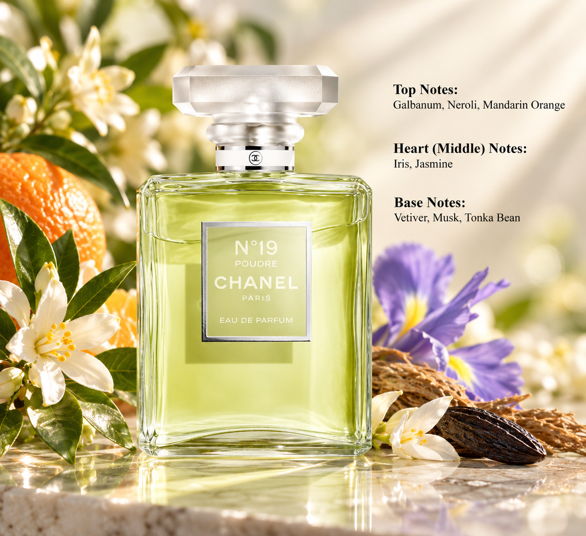 Chanel N°19 Poudré Eau de Parfum for women, elegantly presented in a pale green glass bottle with a crystal cap, surrounded by mandarin oranges, white jasmine flowers, purple iris and tonka beans. A luxurious powdery floral fragrance featuring galbanum, neroli, iris, vetiver and soft musk, with fragrance notes displayed.