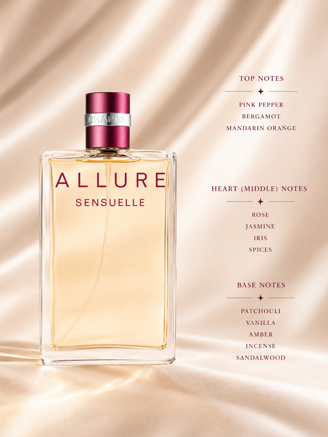 Chanel Allure Sensuelle displayed with its rich oriental-floral composition:
Top: Pink Pepper, Bergamot, Mandarin Orange
Heart: Rose, Jasmine, Iris, Spices
Base: Patchouli, Vanilla, Amber, Incense, Sandalwood
A warm and seductive fragrance that opens with sparkling citrus and pink pepper, unfolds into an elegant floral heart enriched with soft spices, and settles into a luxurious base of patchouli, vanilla, amber, incense, and sandalwood.