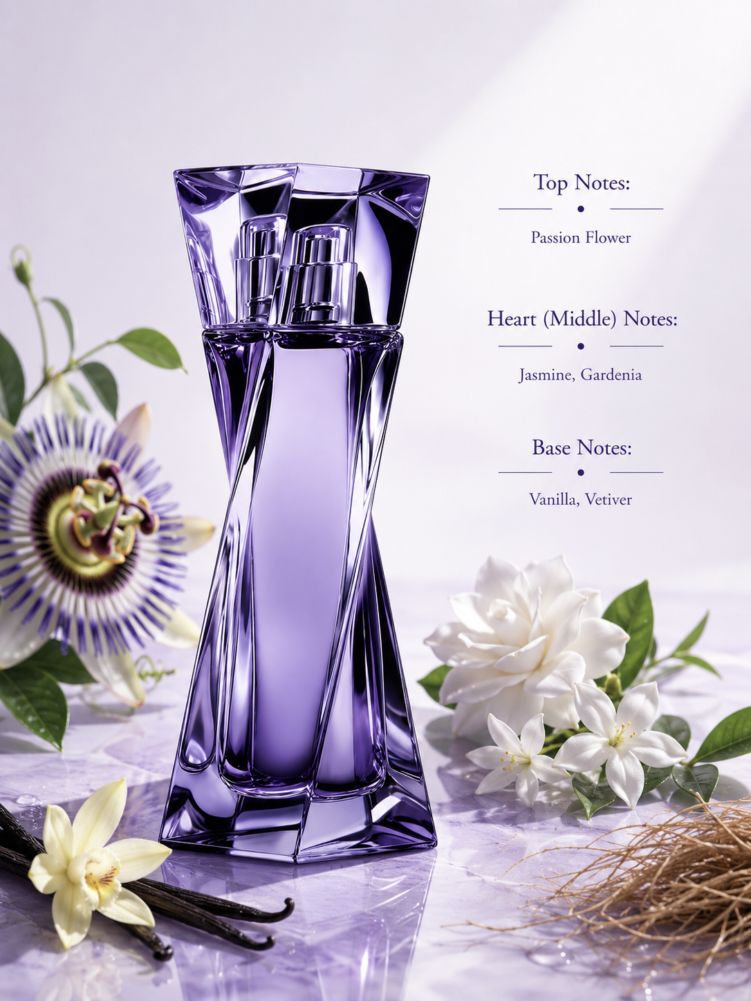 Lancôme Hypnôse Eau de Parfum displayed with its fragrance notes, surrounded by passion flower, jasmine, gardenia, vanilla pods, and vetiver roots, highlighting its sensual floral vanilla fragrance with creamy, elegant woody accords.