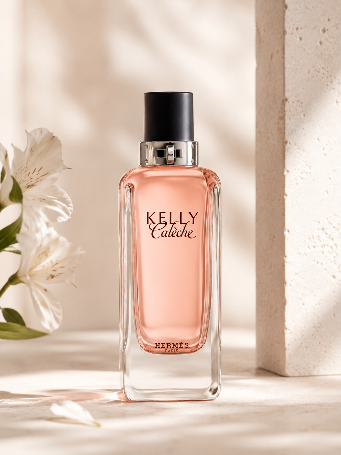 Hermès Kelly Calèche presented in an elegant setting that highlights its soft floral character. The blush-pink fragrance and refined bottle design evoke timeless femininity, sophistication, and effortless French elegance.