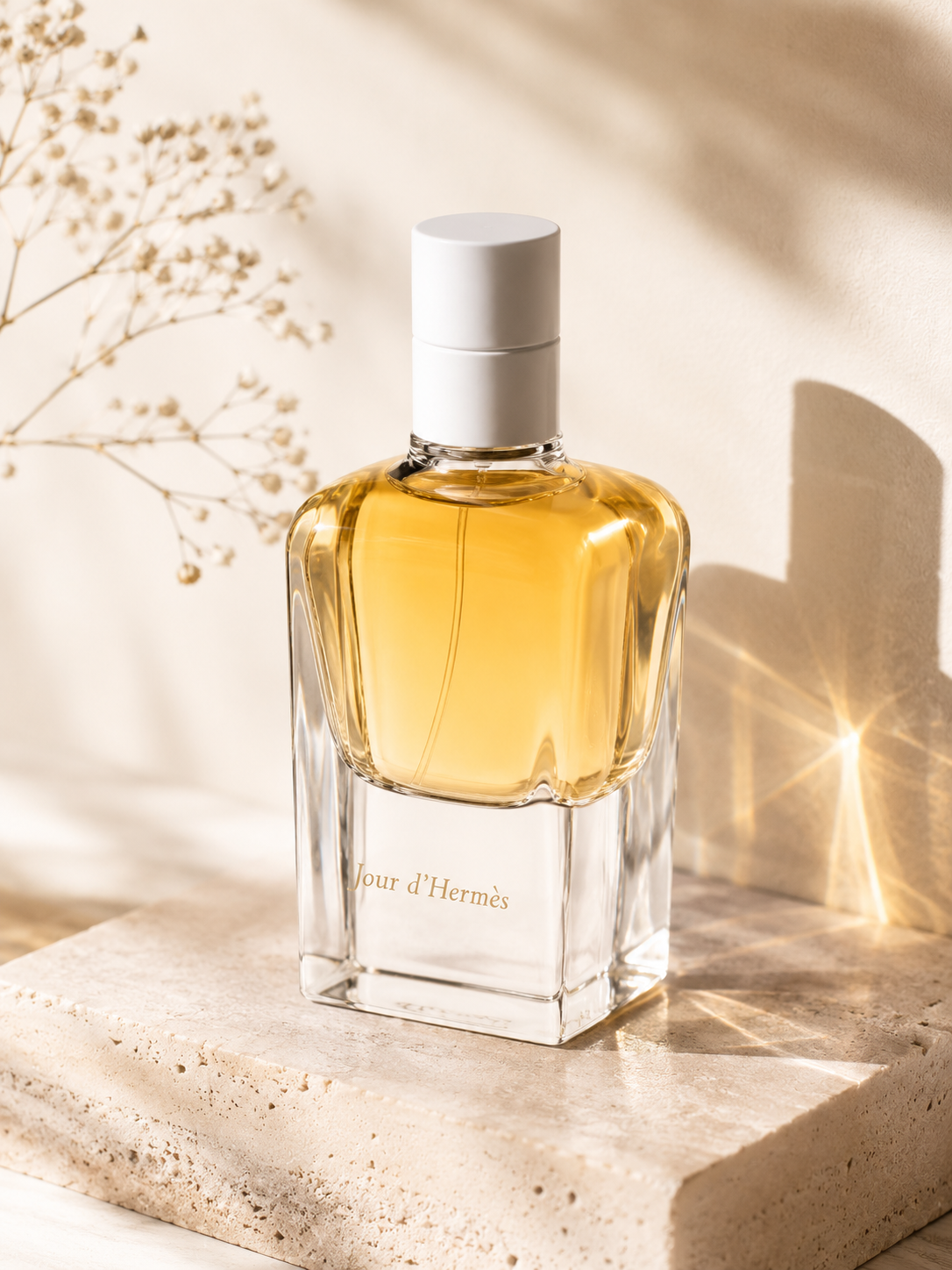 Hermès Jour d’Hermès presented in a warm, sunlit setting that highlights its luminous golden hue and elegant architectural bottle design. The minimalist white cap and crystal-clear glass reflect the fragrance’s refined floral character, evoking freshness, femininity, and effortless French elegance.