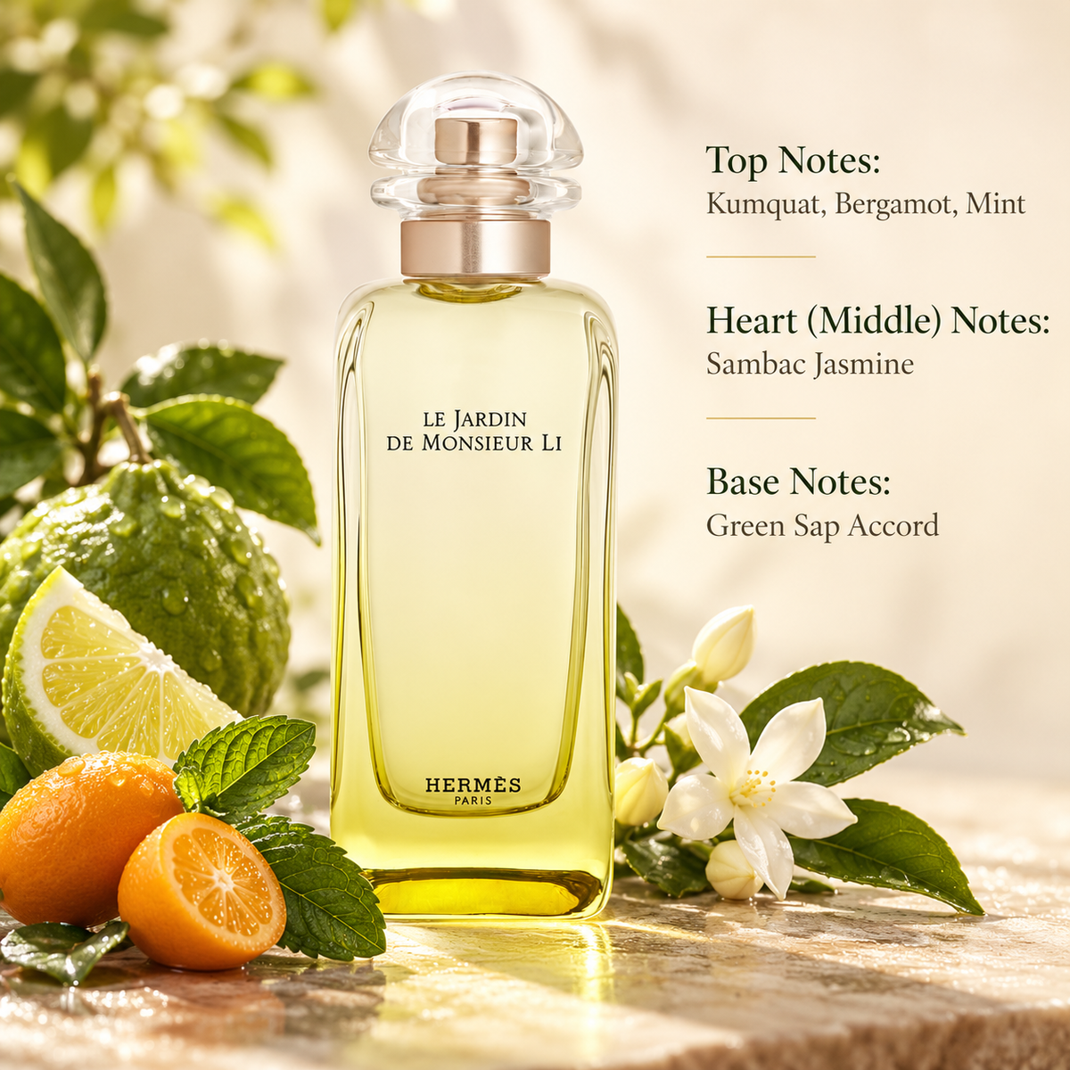 Hermès Le Jardin de Monsieur Li Eau de Toilette, featuring an elegant transparent perfume bottle with pale yellow fragrance, surrounded by fresh kumquats, green citrus fruits, mint leaves and delicate white jasmine flowers. A luxurious unisex citrus floral fragrance with notes of kumquat, bergamot, mint, Sambac jasmine and green sap accord, presented against a warm, natural beige background.