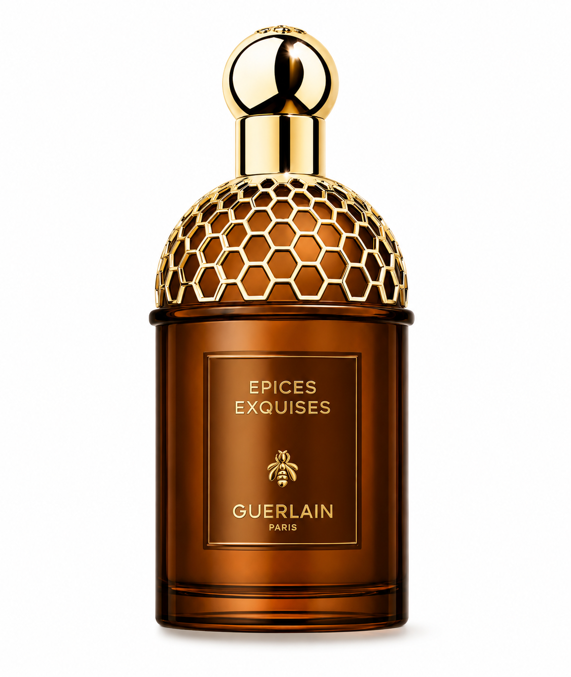 Guerlain L'Art & La Matière Épices Exquises Eau de Parfum in its luxurious amber glass bottle featuring the iconic golden honeycomb-patterned dome cap with polished spherical topper, elegant gold plaque, and rich cognac-colored fragrance. Displayed on a pure white background with premium studio lighting, crystal-clear reflections, soft natural shadows, and ultra-sharp detail.