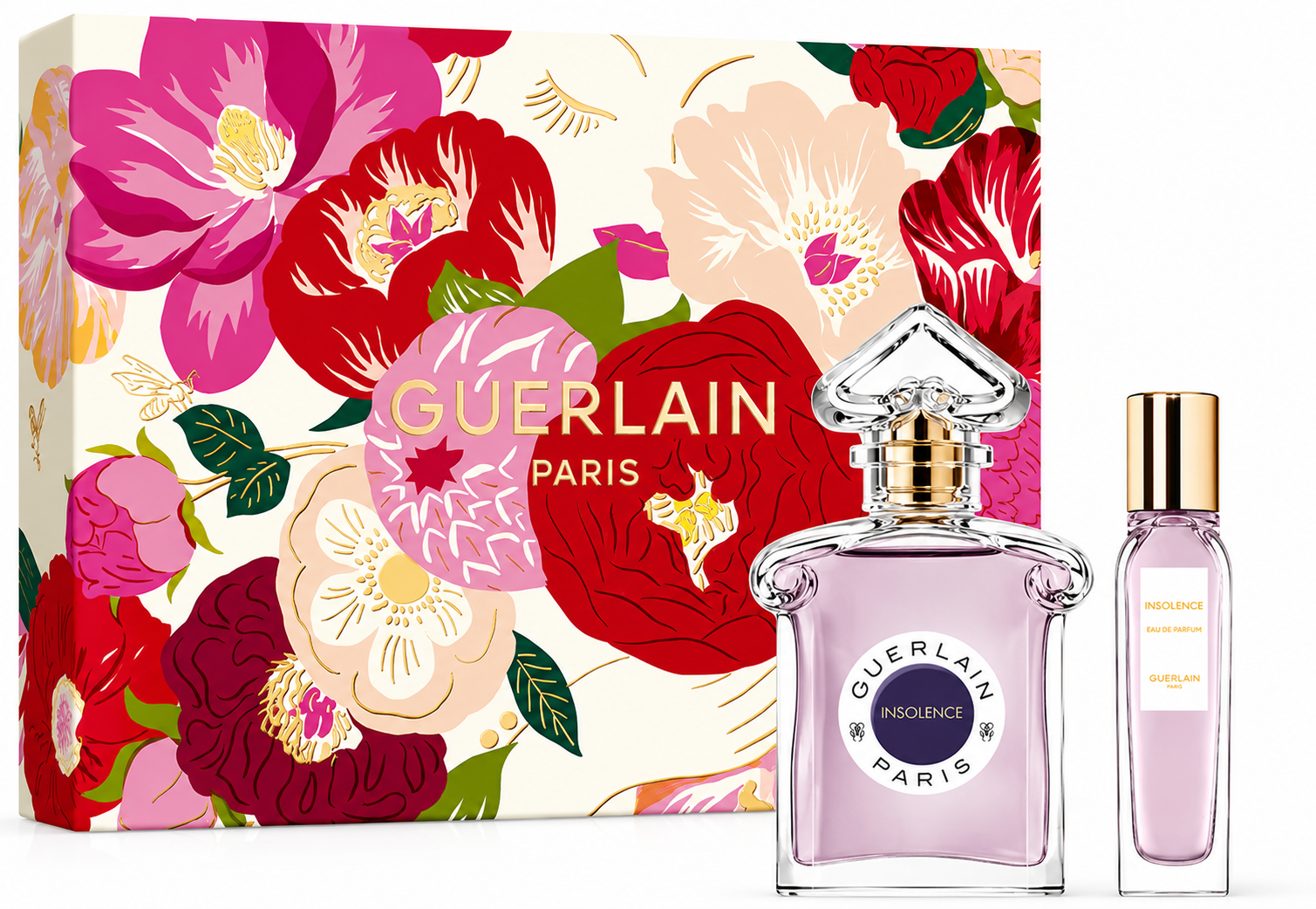 Guerlain Insolence Eau de Parfum Gift Set featuring a full-size Eau de Parfum and matching travel spray presented beside a vibrant floral gift box. The elegant fragrance combines powdery violet and iris with delicate orange blossom and sweet berry nuances, settling into a warm base of tonka bean, sandalwood, and soft musk for a sophisticated, feminine, and long-lasting scent.