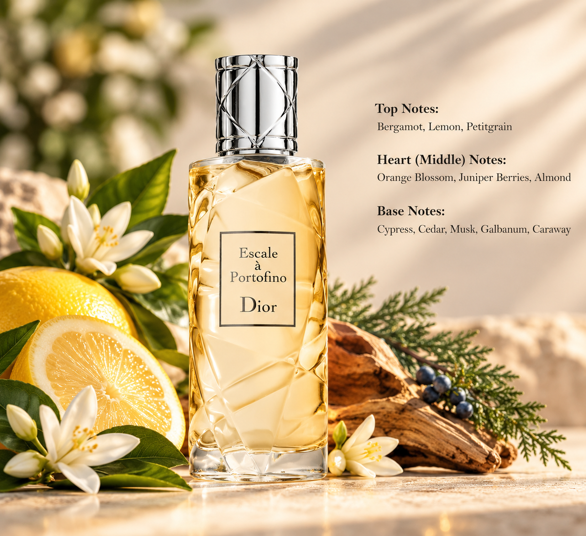 Dior Escale à Portofino Eau de Toilette, featuring an elegant golden perfume bottle with a textured glass design and silver cap, surrounded by fresh lemons, white orange blossoms, juniper berries and aromatic greenery. A refreshing citrus aromatic fragrance with bergamot, petitgrain, almond, cypress, cedar, musk and caraway notes.