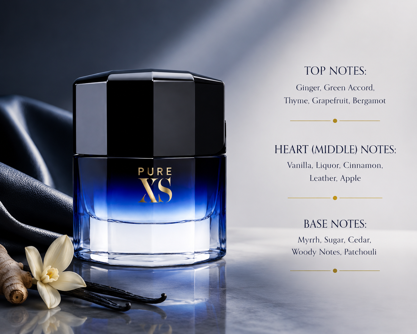 Paco Rabanne Pure XS Eau de Toilette displayed with ginger, grapefruit, vanilla, leather, cedarwood, patchouli, vanilla orchid, and fragrance notes in an elegant modern setting.