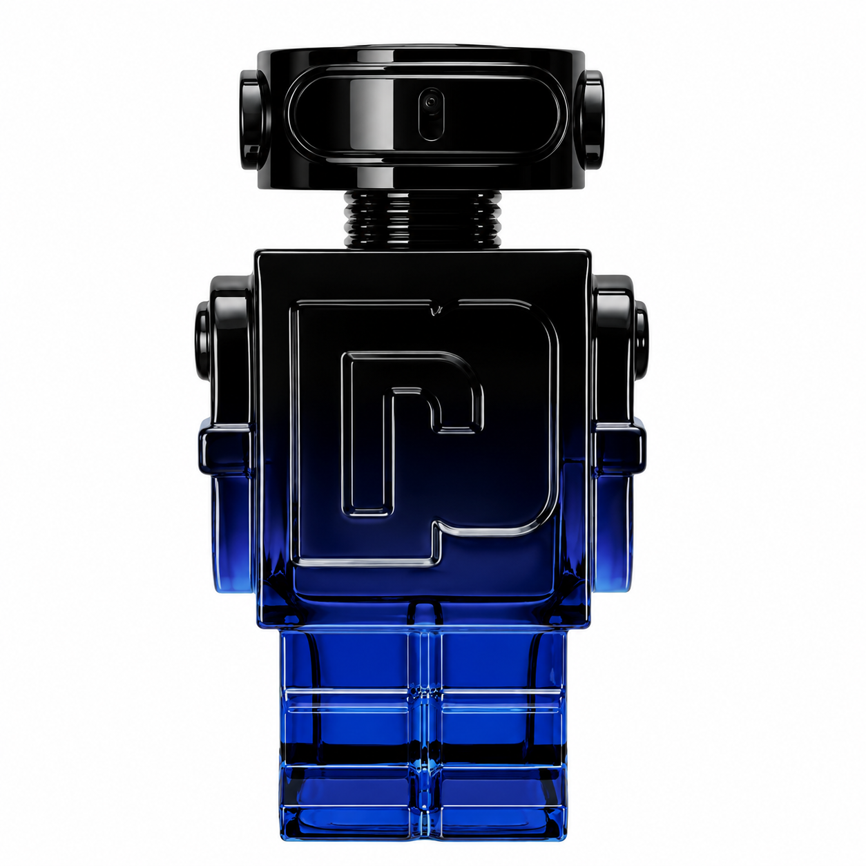 Rabanne Phantom Parfum bottle isolated on a white background, featuring the iconic robot-shaped bottle with a glossy black head, black-to-deep-blue gradient glass body, and futuristic design that combines modern style with masculine sophistication.
