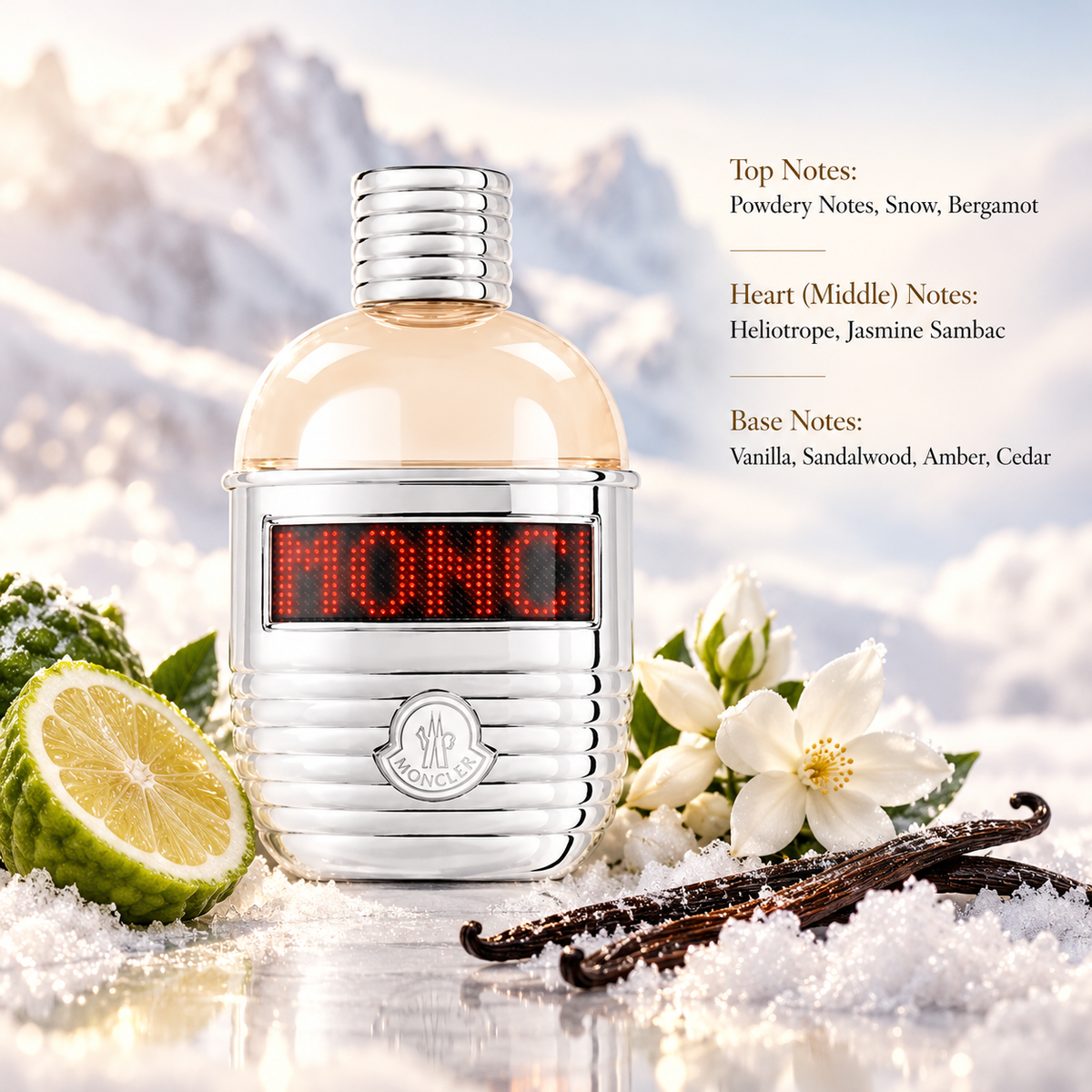 Moncler Pour Femme Eau de Parfum in a luxurious silver ribbed bottle with an illuminated red LED display and signature Moncler logo, surrounded by fresh bergamot, white jasmine flowers, vanilla pods and soft snow. An elegant powdery floral woody fragrance with heliotrope, amber, sandalwood and cedar, set against a snowy alpine landscape.