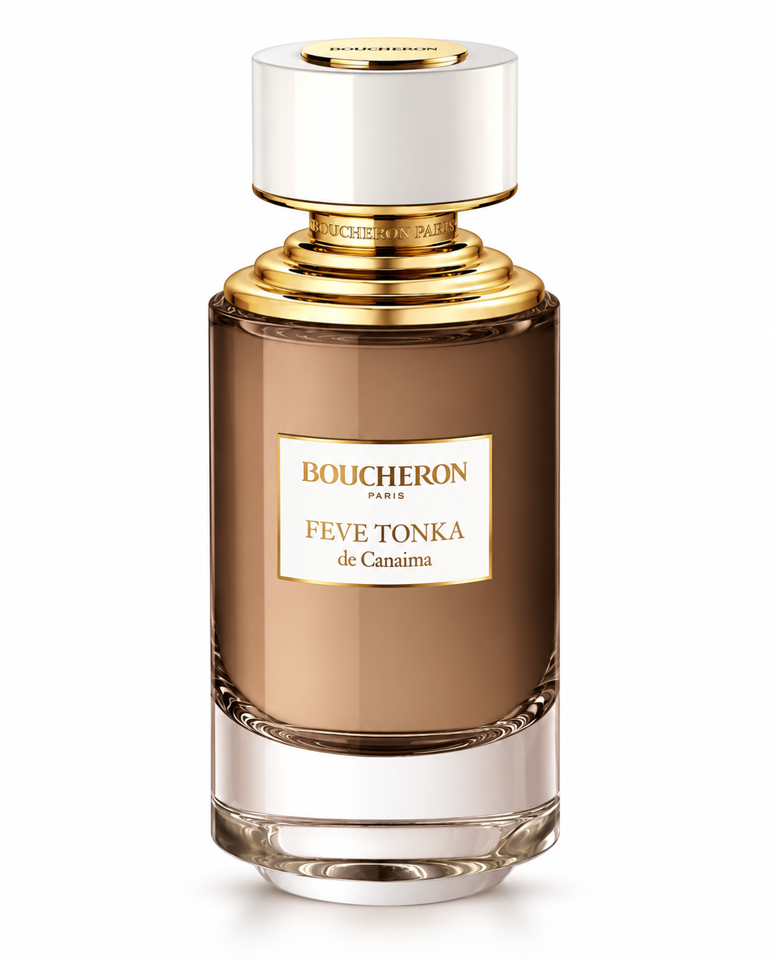 Boucheron Fève Tonka de Canaima perfume bottle with rich brown glass, elegant white cap and luxurious gold detailing, photographed on a clean white background.