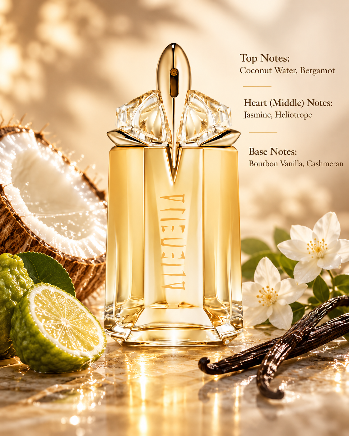 Mugler Alien Goddess Eau de Parfum for women in its luxurious golden bottle, surrounded by fresh coconut, bergamot, delicate jasmine flowers and vanilla pods. A radiant floral amber fragrance with creamy bourbon vanilla and warm cashmeran, presented in an elegant, sunlit setting.