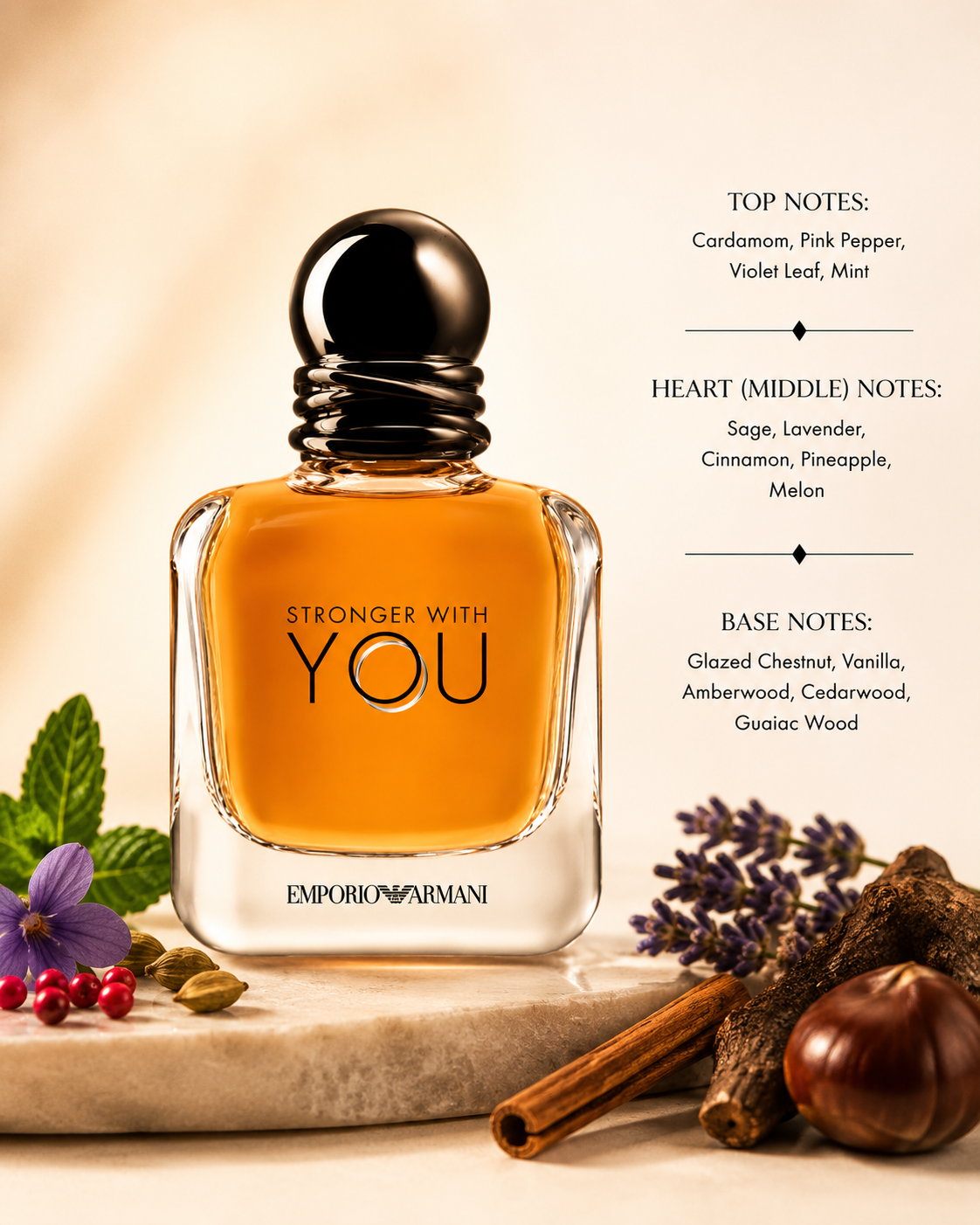 Emporio Armani Stronger With You perfume bottle filled with amber liquid, displayed on a stone slab with botanical ingredients and scent notes text on a warm beige background.