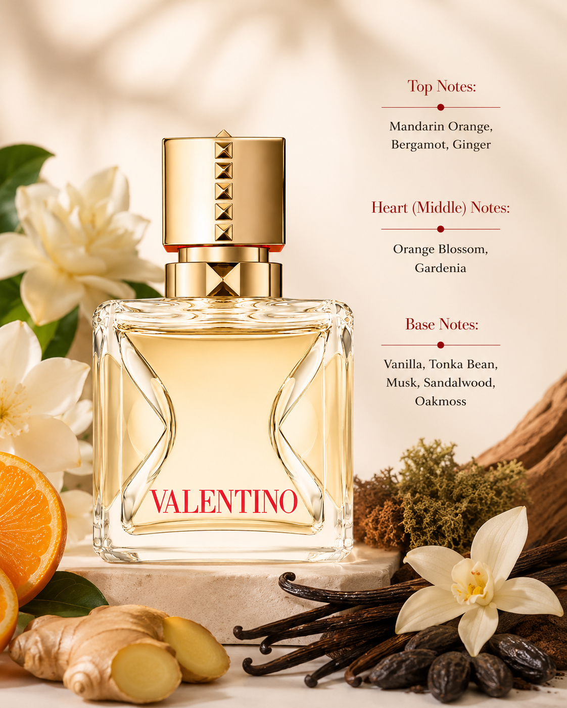 Valentino Voce Viva Eau de Parfum displayed with fragrance notes, surrounded by mandarin, bergamot, ginger, white flowers, vanilla pods, tonka beans, sandalwood, and oakmoss, highlighting its radiant floral fragrance with sparkling citrus, creamy white florals, and a warm woody vanilla base.