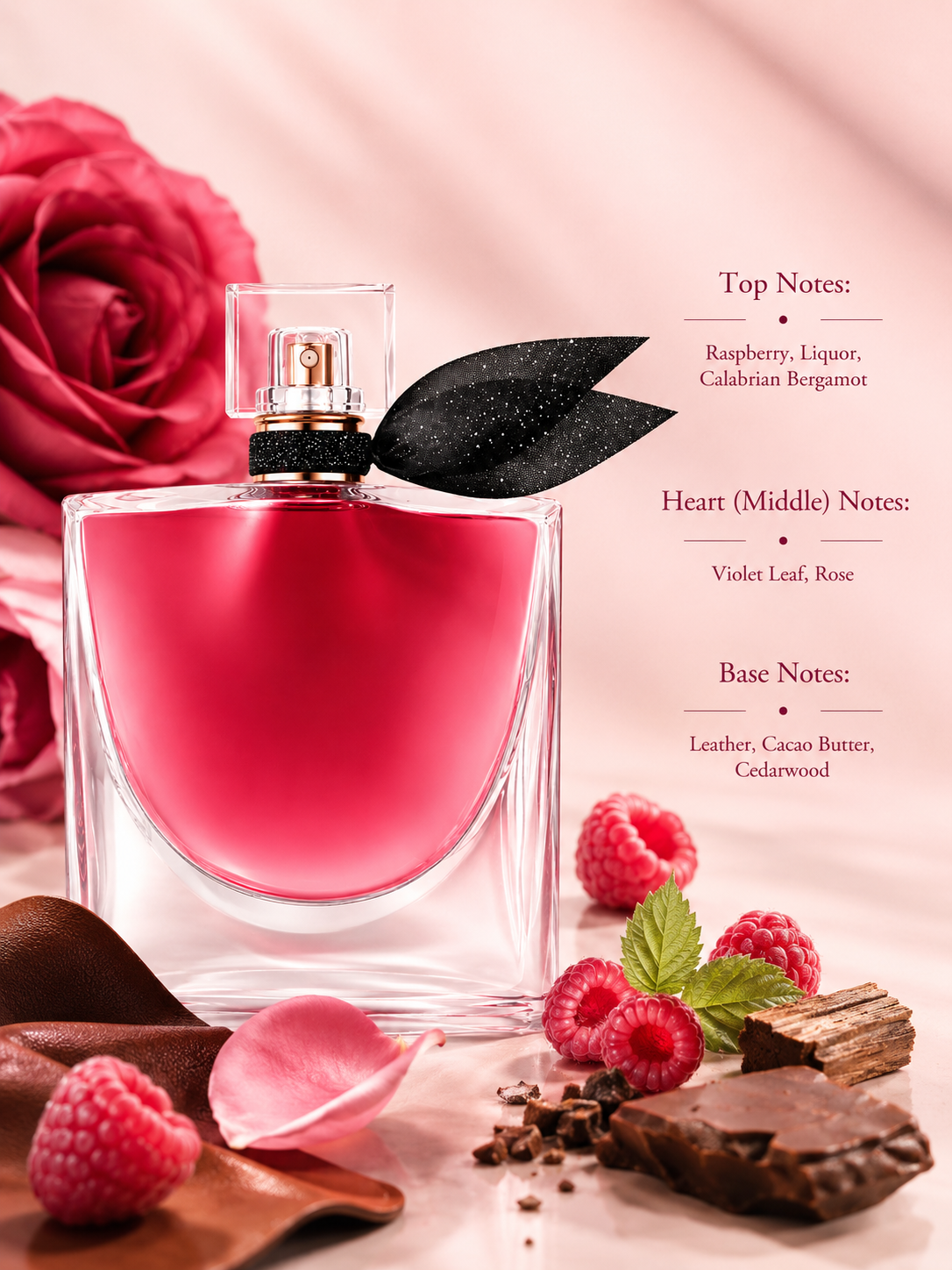 Lancôme La Vie Est Belle L'Extrait Eau de Parfum displayed with fragrance notes, surrounded by raspberries, Calabrian bergamot, rose petals, leather, dark chocolate, cacao, and cedarwood, highlighting its rich fruity floral gourmand composition with raspberry, rose, and warm woody accords.