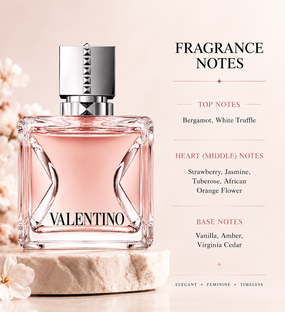 Valentino Donna displayed with its signature fragrance notes:
Top: Bergamot, White Truffle
Heart: Strawberry, Jasmine, Tuberose, African Orange Flower
Base: Vanilla, Amber, Virginia Cedar
A sophisticated floral-amber fragrance that opens with sparkling bergamot and the unique richness of white truffle, blossoms into a luxurious heart of jasmine, tuberose, and orange flower softened by strawberry, and dries down to a warm, elegant blend of vanilla, amber, and cedarwood. Presented in Valentino's iconic stud