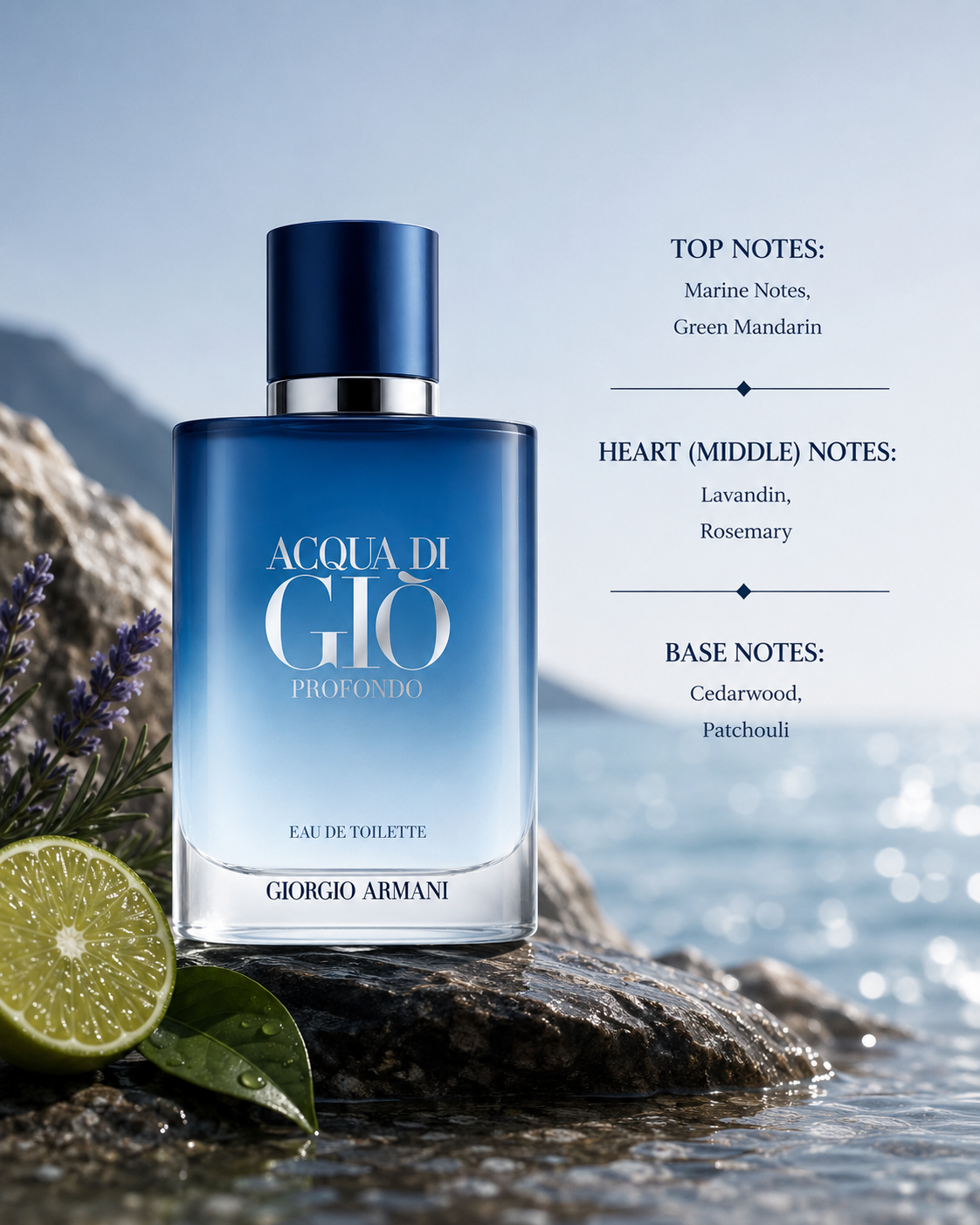 Giorgio Armani Acqua di Giò Profondo Eau de Toilette with fragrance notes of marine notes, green mandarin, lavandin, rosemary, cedarwood and patchouli.