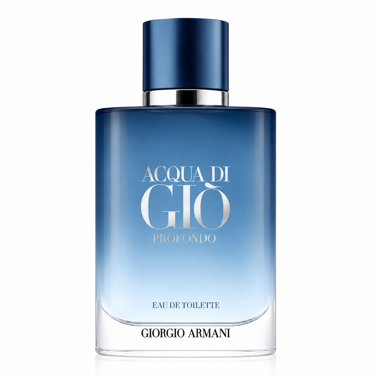 Giorgio Armani Acqua di Giò Profondo Eau de Toilette bottle with a blue gradient glass design, silver collar and deep blue cap.