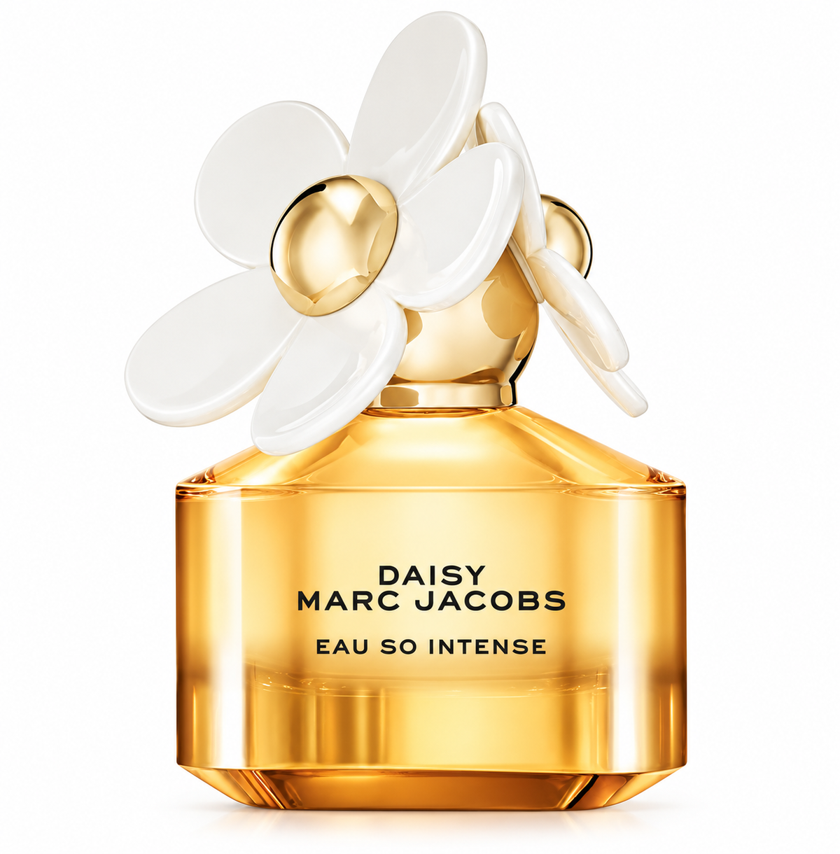 Marc Jacobs Daisy Eau So Intense women's perfume in a luxurious golden amber glass bottle, topped with oversized white daisy flowers featuring gold centers. An elegant feminine fragrance with fruity, floral and warm gourmand notes, photographed against a pure white background.