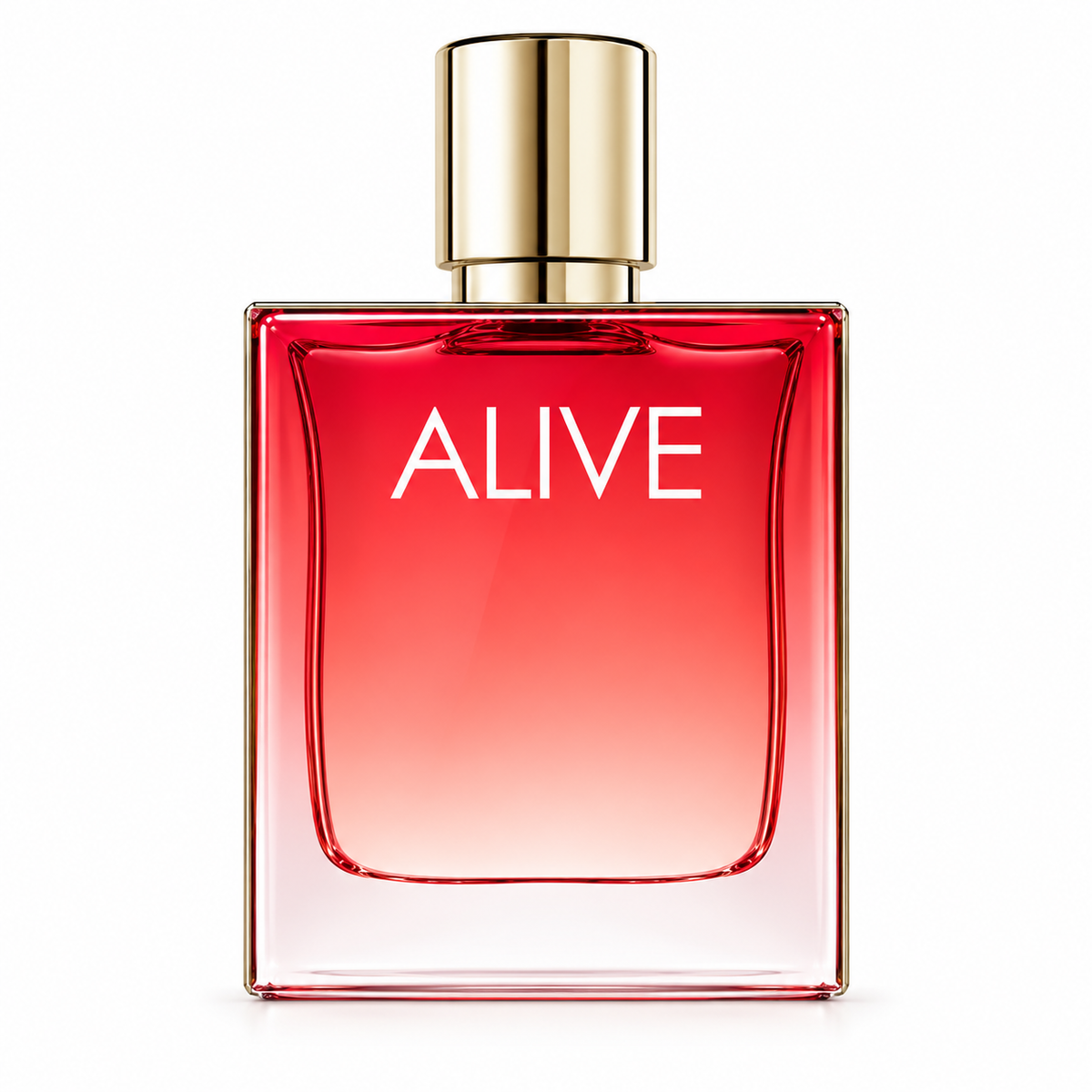 Hugo Boss Alive women's perfume featuring an elegant rectangular glass bottle with a vibrant red-to-pink gradient and a polished gold cylindrical cap. The minimalist ALIVE lettering stands out against the luxurious design, presented on a clean white background.