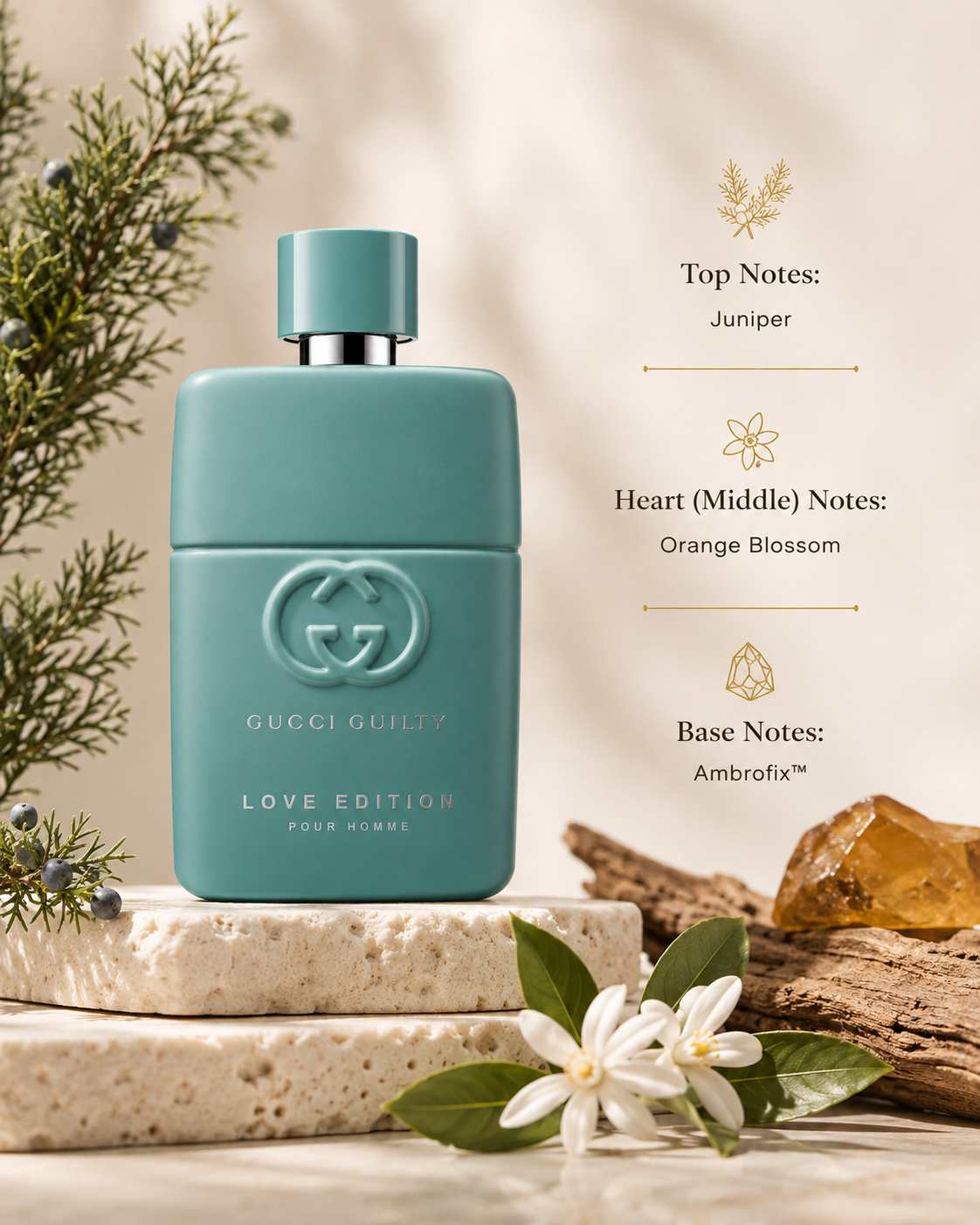 Gucci Guilty Love Edition Pour Homme Eau de Parfum displayed with fragrance notes, surrounded by juniper branches, orange blossom flowers, amber resin, and woody elements that highlight its fresh aromatic, floral, and warm amber composition.