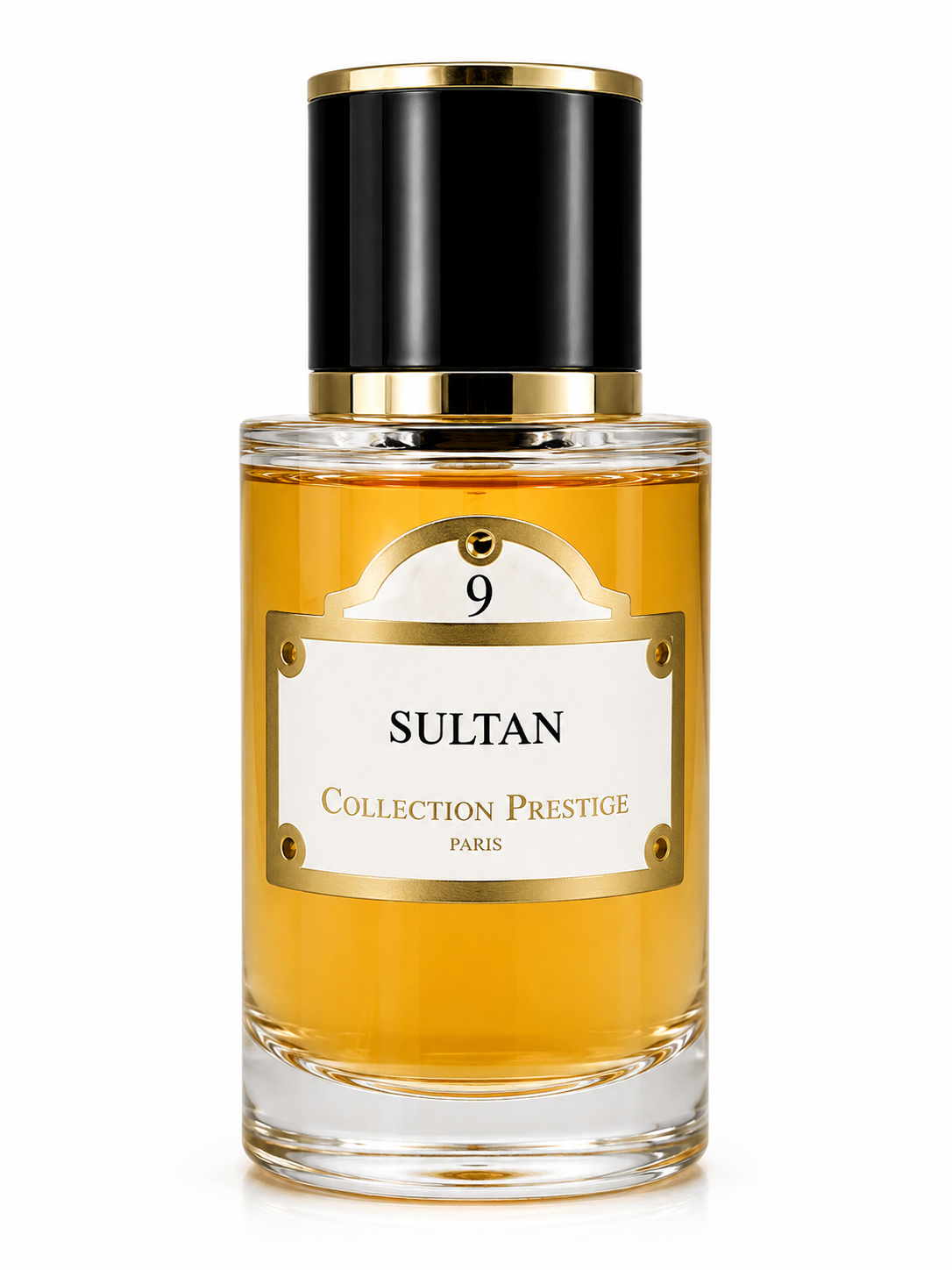 Collection Prestige Sultan Eau de Parfum bottle with golden amber fragrance in a clear glass bottle, finished with a black cap and elegant gold-trimmed label.