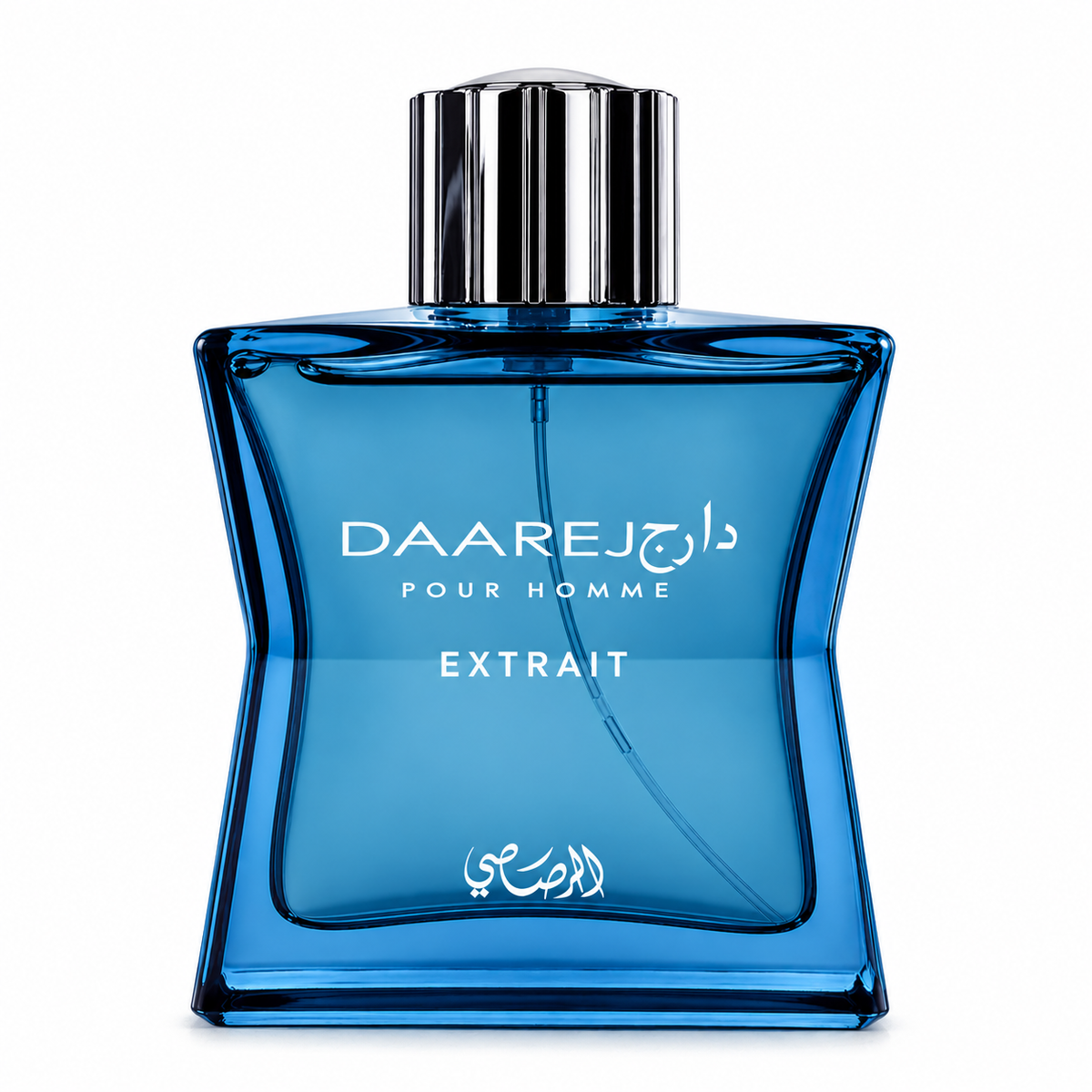 Daarej Pour Homme Extrait perfume for men by Rasasi, featuring a striking transparent blue glass bottle with a sculpted silhouette, shiny silver cap and white Arabic lettering. A sophisticated masculine fragrance presented against a clean white background.