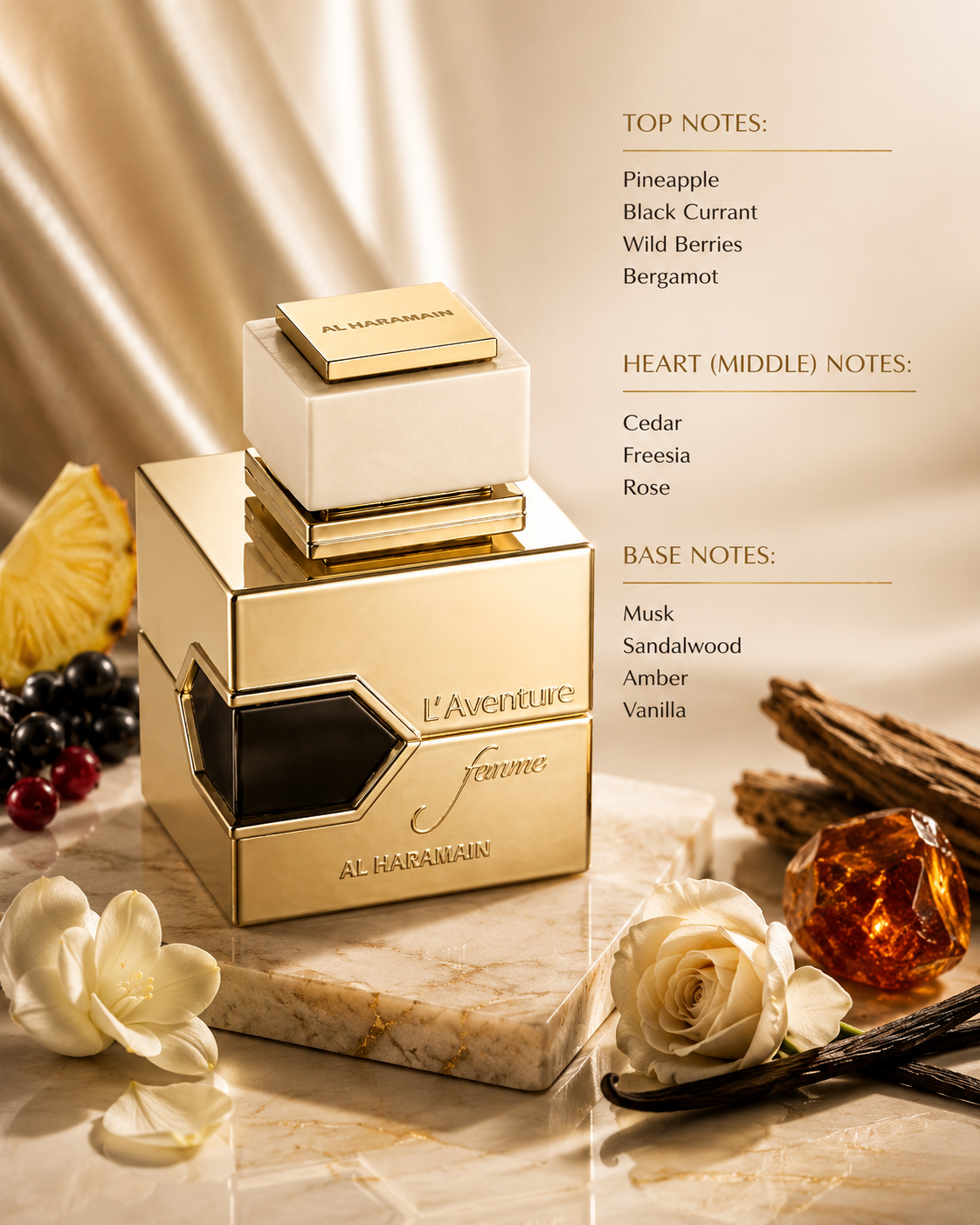 Al Haramain L’Aventure Femme displayed with pineapple, black currant, rose, amber, vanilla and woody elements, highlighting its fruity, floral, warm and elegant fragrance character.