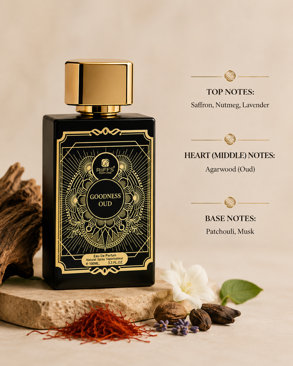 Riiffs Goodness Oud Eau de Parfum surrounded by saffron, oud wood, lavender, musk and patchouli with fragrance notes, emphasizing its rich woody oud fragrance.