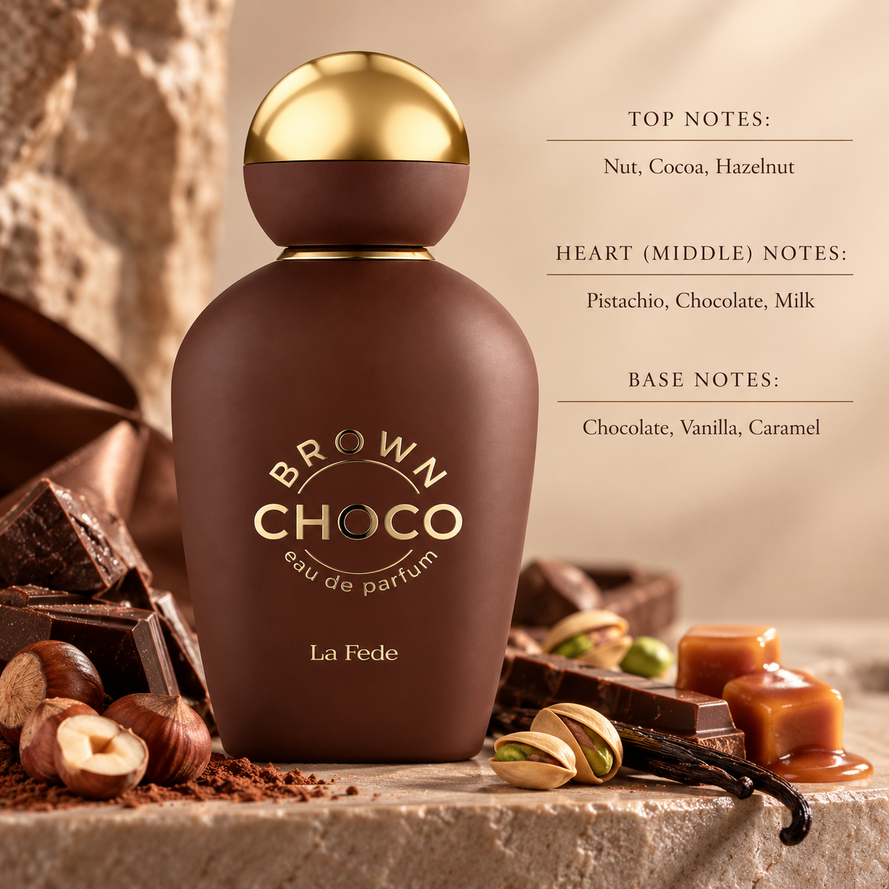 La Fede Brown Choco styled in a warm gourmand setting with cocoa, hazelnut and nutty accords, layered with pistachio, creamy milk and chocolate, while vanilla, caramel and rich chocolate create an indulgent, sweet and comforting finish.