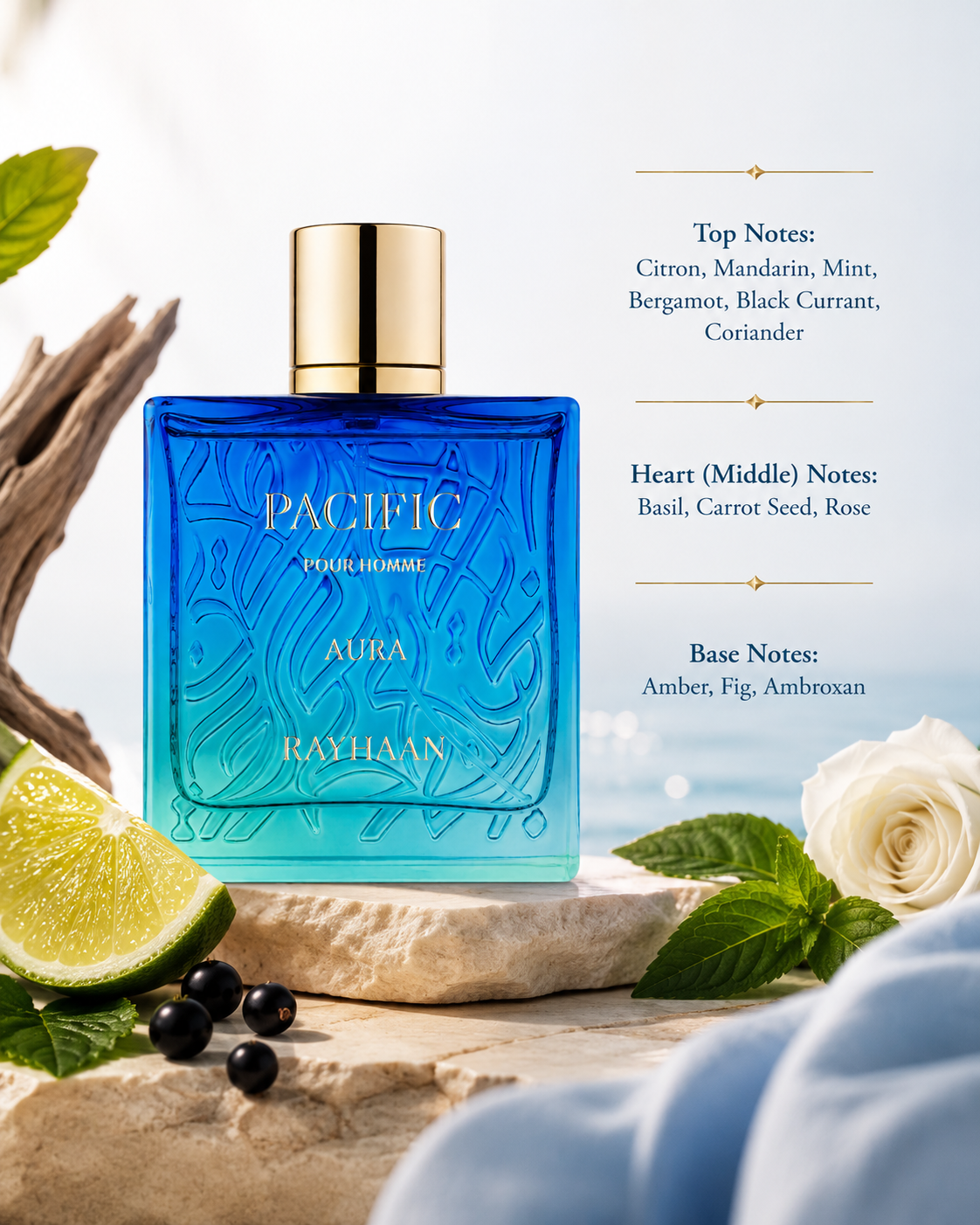 Rayhaan Pacific Aura Pour Homme fragrance bottle displayed with citron, mandarin, mint, bergamot, black currant, coriander, basil, carrot seed, rose, amber, fig, ambroxan, and fresh coastal accents, with fragrance notes listed on the right.