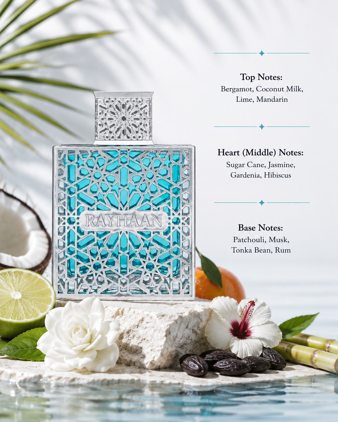 Rayhaan Eau de Parfum bottle displayed with bergamot, coconut milk, lime, mandarin, jasmine, hibiscus, gardenia, patchouli, musk, tonka bean, rum, tropical florals, and citrus accents, with fragrance notes listed on the right.