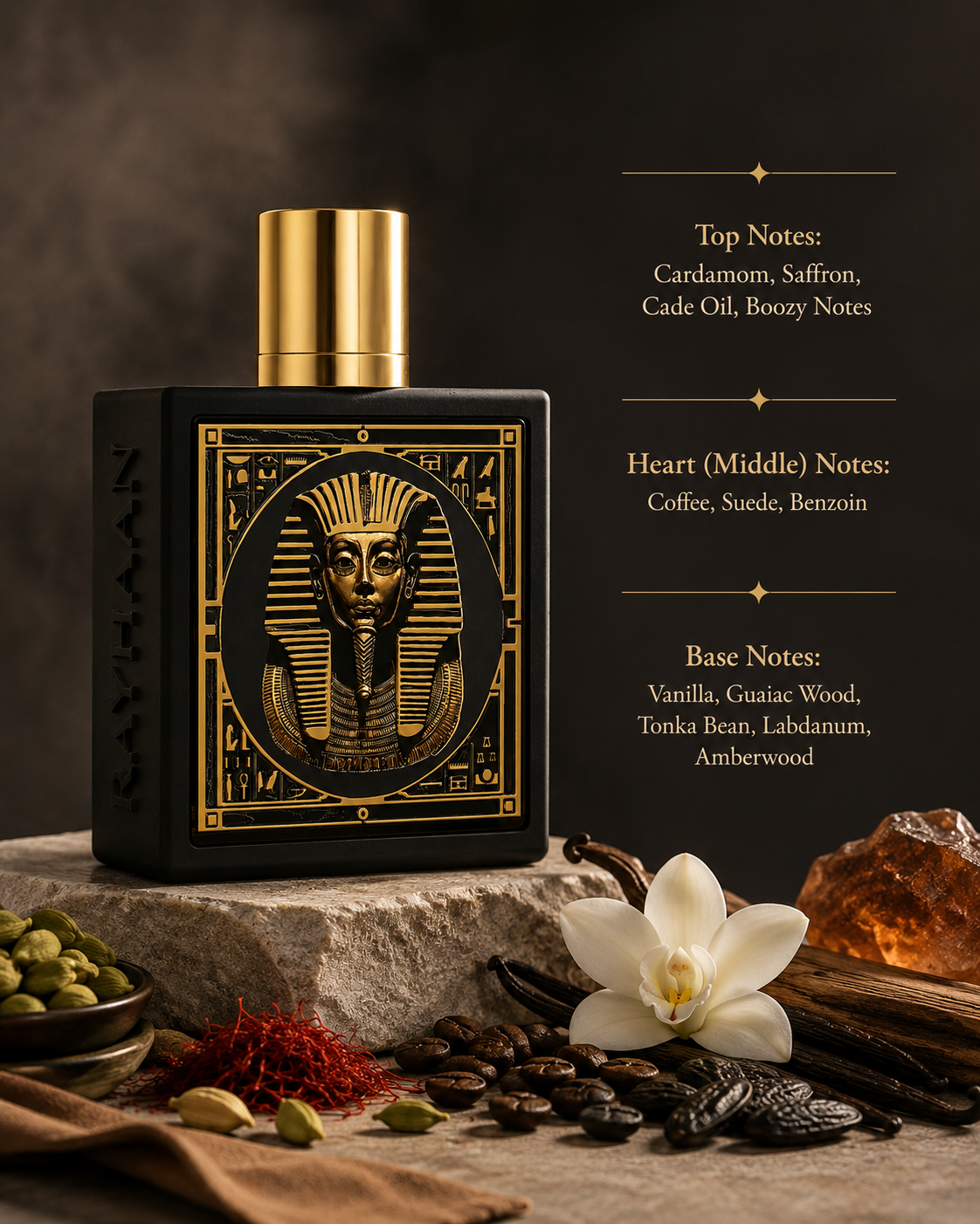 Rayhaan Eau de Parfum with cardamom, saffron, coffee, vanilla, amberwood and guaiac wood fragrance notes.