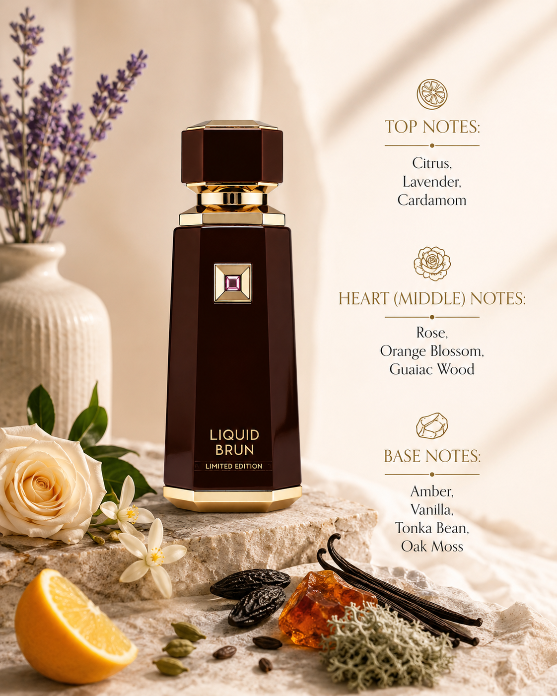 Liquid Brun Limited Edition fragrance bottle displayed with citrus, lavender, cardamom, rose, orange blossom, guaiac wood, amber, vanilla, tonka bean, oak moss, and elegant botanical accents, with fragrance notes listed on the right.