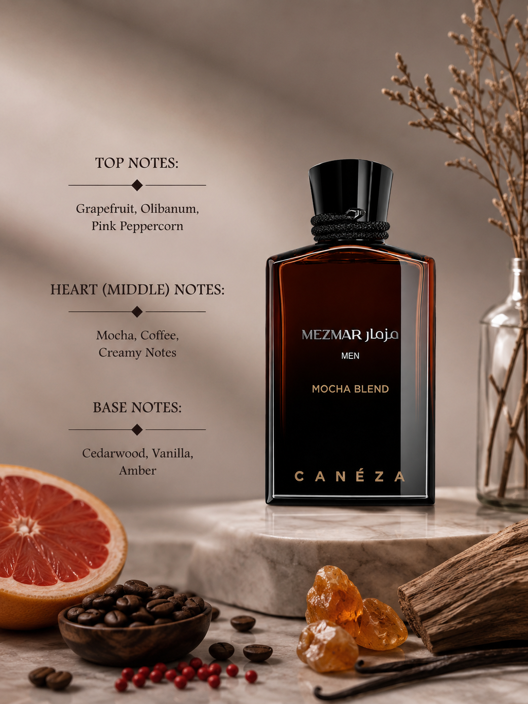 Canéza Mezmar Men Mocha Blend fragrance bottle displayed with grapefruit, coffee beans, pink peppercorns, amber resin, cedarwood, vanilla pods, and woody accents, with fragrance notes listed on the left.