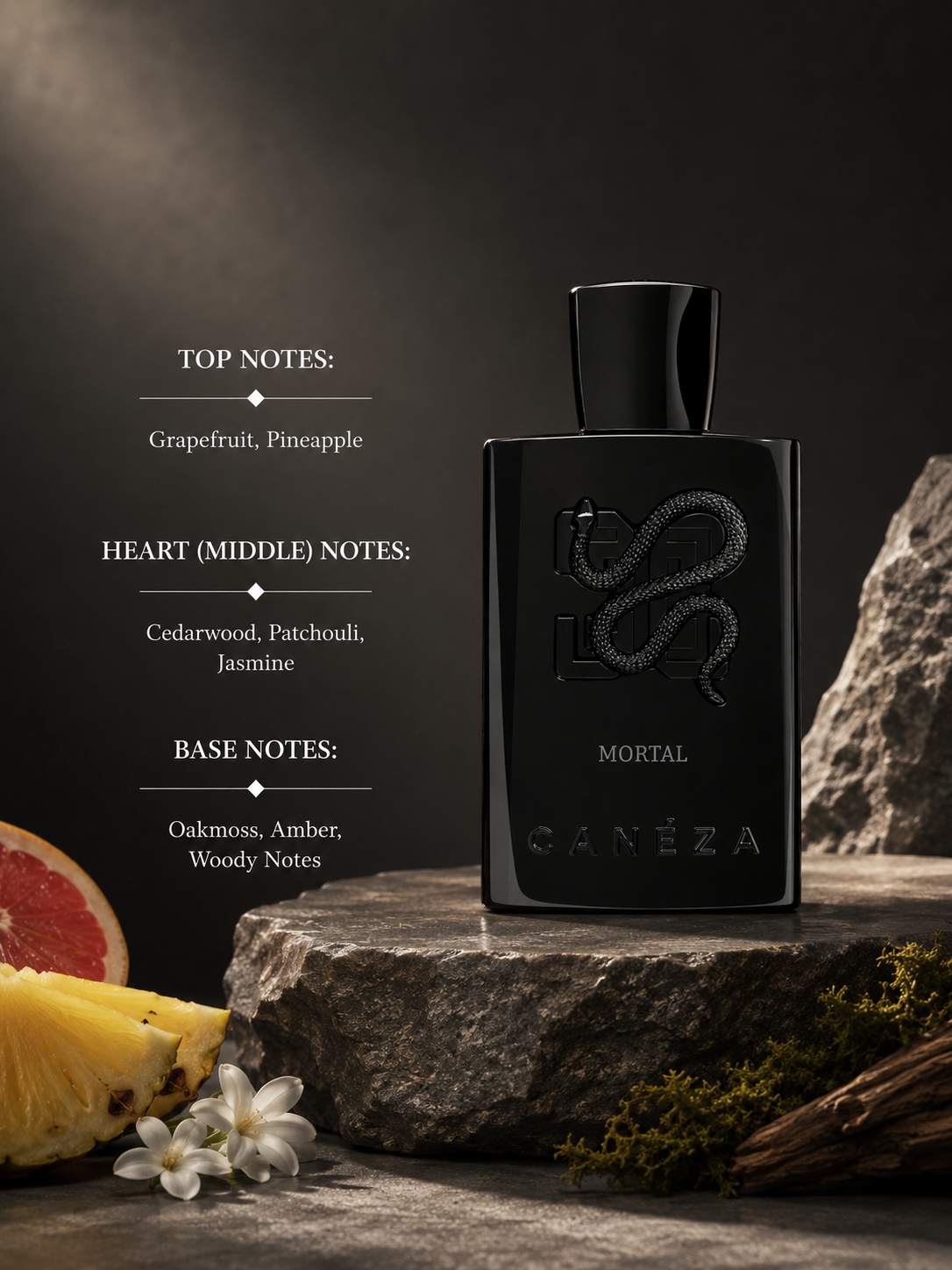 Canéza Mortal with grapefruit, pineapple, cedarwood and amber, highlighting its woody fruity fragrance.