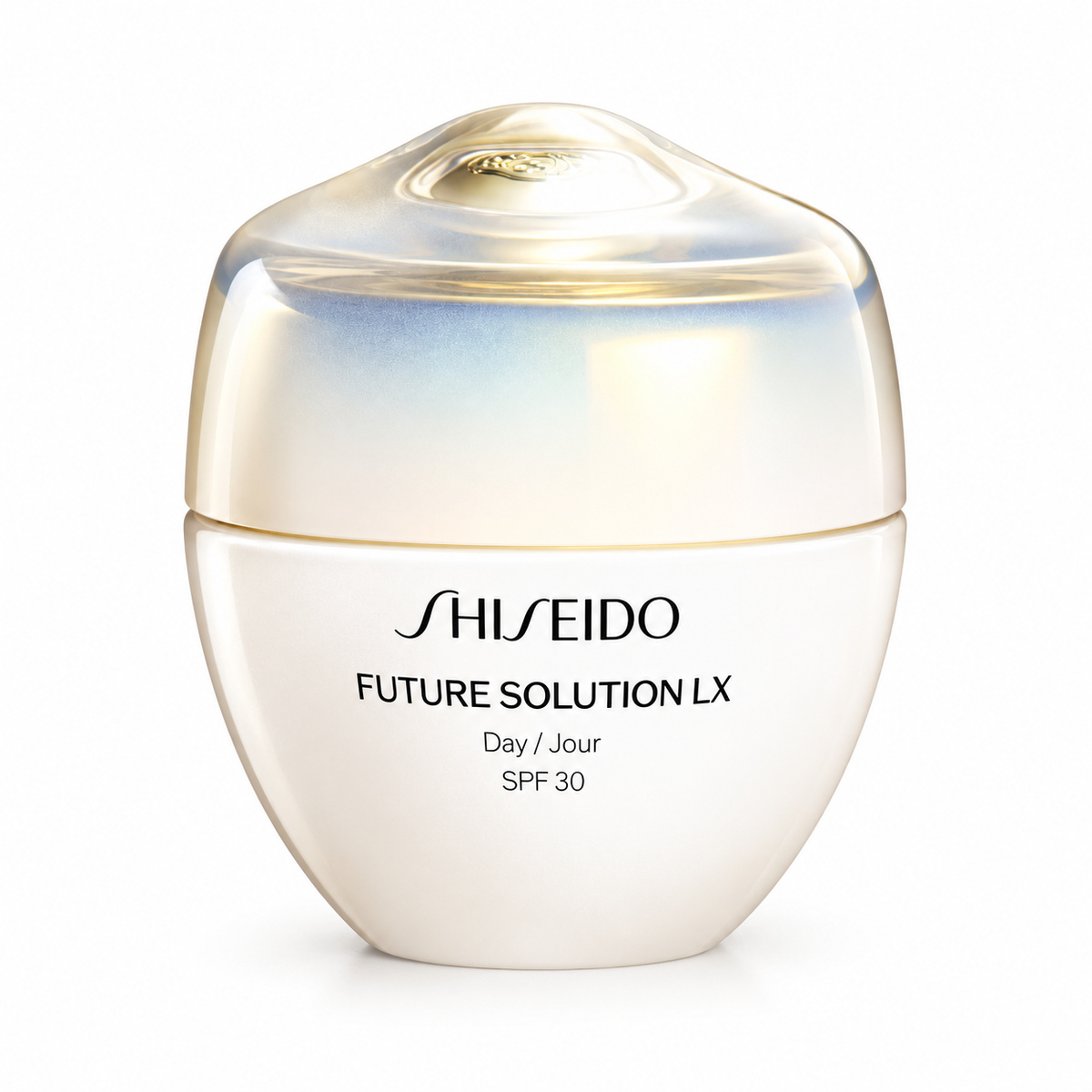 Shiseido Future Solution LX Day Cream SPF 30 in an elegant ivory-white jar with a translucent pearlescent lid and subtle golden accents. Luxury daily facial moisturizer with SPF 30 sun protection, presented against a clean white background.