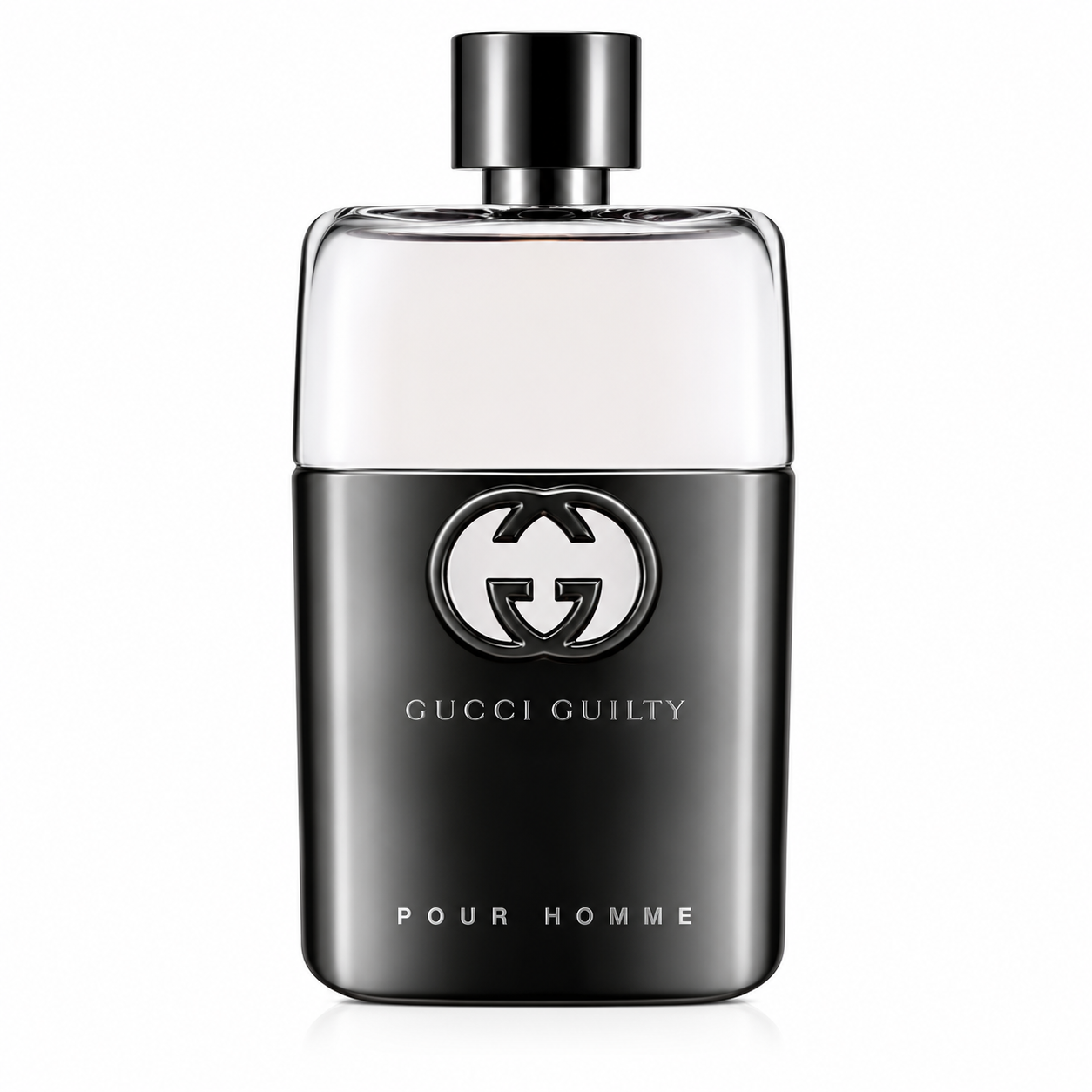 Gucci Guilty Pour Homme Eau de Toilette perfume bottle isolated on a white background, featuring a sleek black and transparent glass bottle with the iconic interlocking GG logo and silver cap.