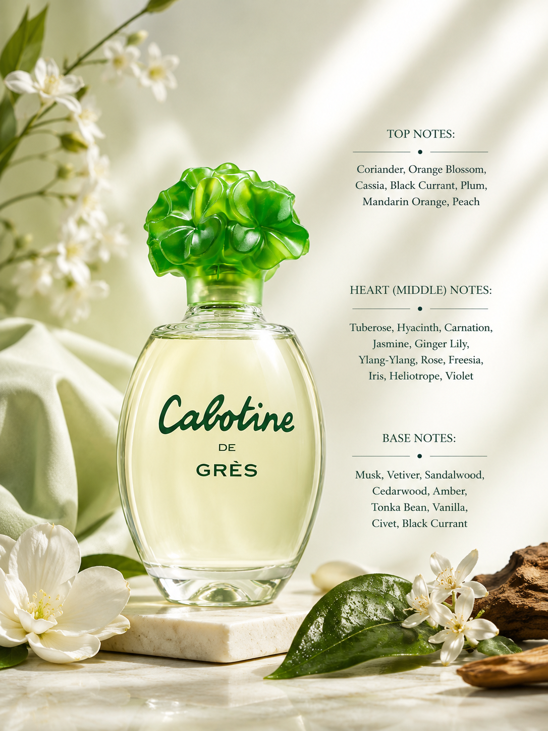 Grès Cabotine Eau de Toilette displayed with fragrance notes, surrounded by orange blossom, mandarin, peach, blackcurrant, tuberose, hyacinth, jasmine, ylang-ylang, sandalwood, cedarwood and white flowers, highlighting its fruity floral and warm woody composition.