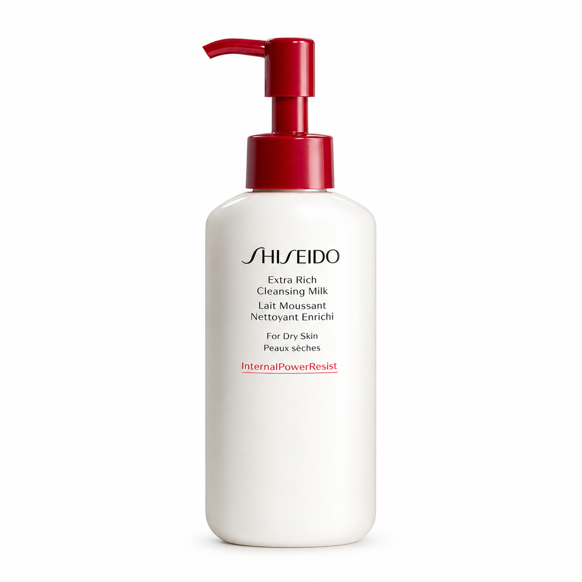 Shiseido Extra Rich Cleansing Milk for Dry Skin in an elegant white bottle with a red pump dispenser, featuring the InternalPowerResist formula. Rich facial cleansing milk designed for dry skin, presented against a clean white background.