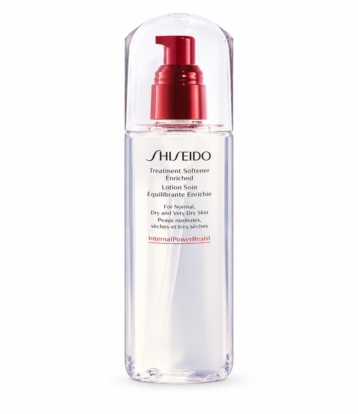 Shiseido Treatment Softener Enriched hydrating facial lotion in a transparent bottle with a red pump dispenser and clear protective cap. Japanese skincare treatment designed for normal, dry and very dry skin, presented against a pure white background.