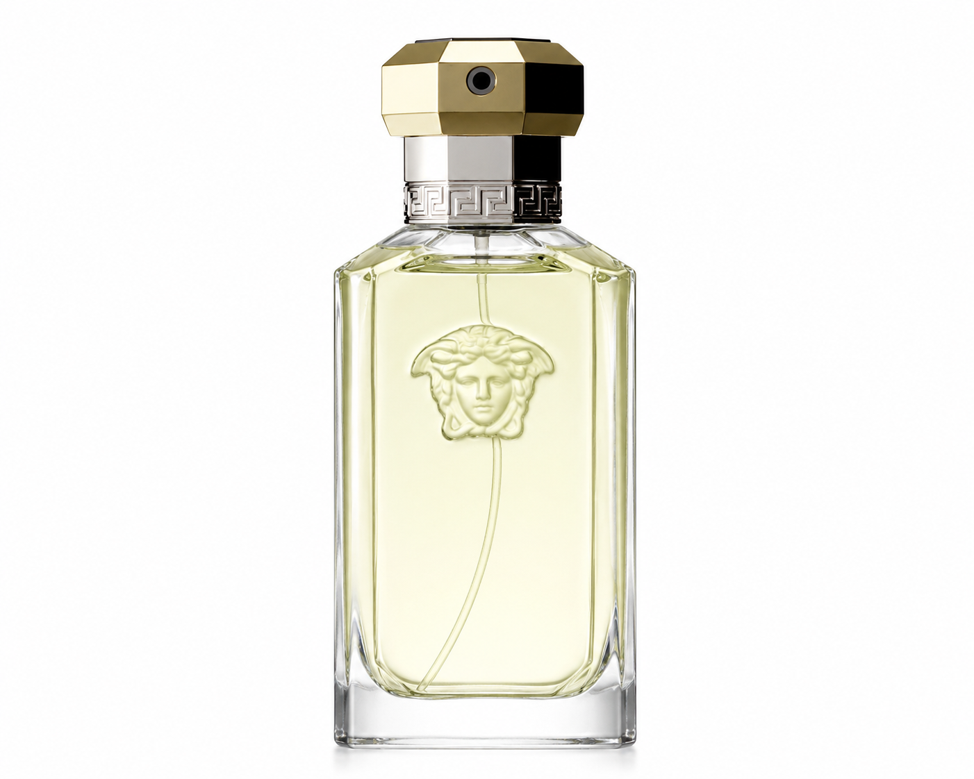 Versace The Dreamer Eau de Toilette bottle isolated on a white background, featuring a tall transparent glass bottle filled with pale golden fragrance, an embossed Medusa emblem on the front, a silver Greek key collar, and a geometric gold spray cap, reflecting the fragrance's elegant and timeless character.