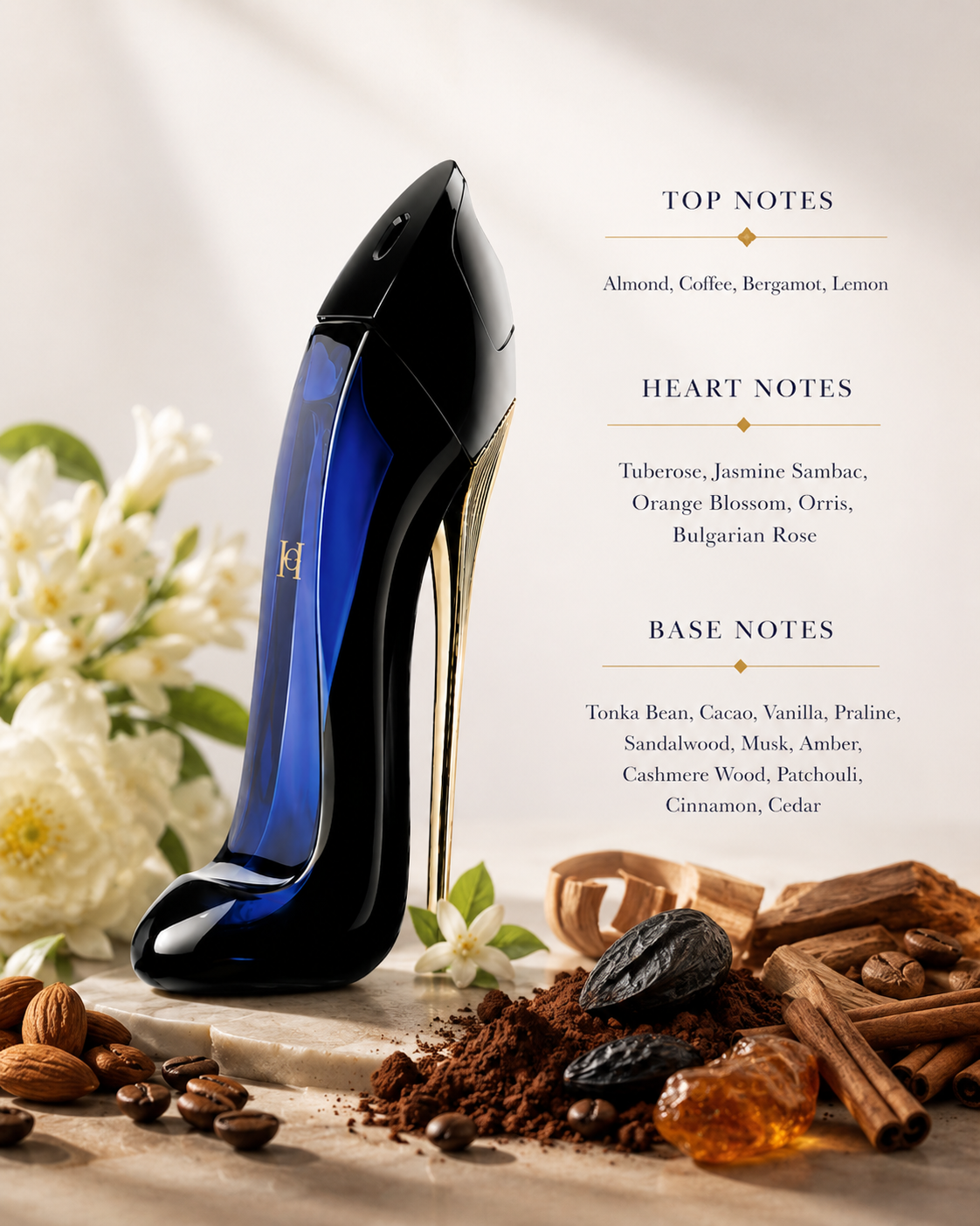Carolina Herrera Good Girl Eau de Parfum displayed with coffee beans, cacao, almonds, white florals, vanilla, and spices. Notes shown: Top – almond, coffee, bergamot, lemon; Heart – tuberose, jasmine sambac, orange blossom, orris, Bulgarian rose; Base – tonka bean, cacao, vanilla, praline, sandalwood, musk, amber, cashmere wood, patchouli, cinnamon, and cedar. Luxurious floral-gourmand presentation with a bold, sensual aesthetic.