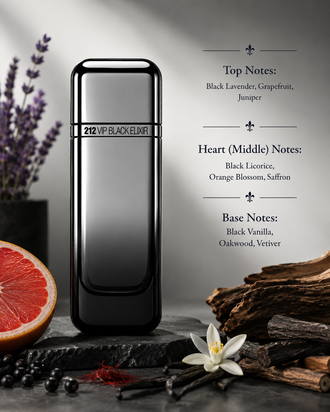 Carolina Herrera 212 VIP Black Elixir For Him 100ml EDP displayed on a dark stone pedestal surrounded by black lavender, fresh grapefruit, juniper berries, black licorice, orange blossom, saffron threads, black vanilla pods, rich oakwood and earthy vetiver roots, creating an elegant nocturnal atmosphere that perfectly reflects its deep, aromatic and woody fragrance character.