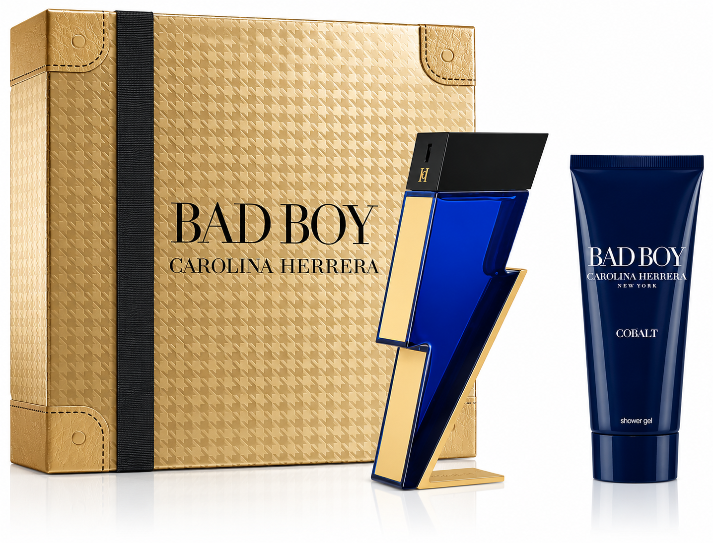 Carolina Herrera Bad Boy Cobalt Gift Set with Bad Boy Cobalt Eau de Parfum and Shower Gel in a premium gold gift box.