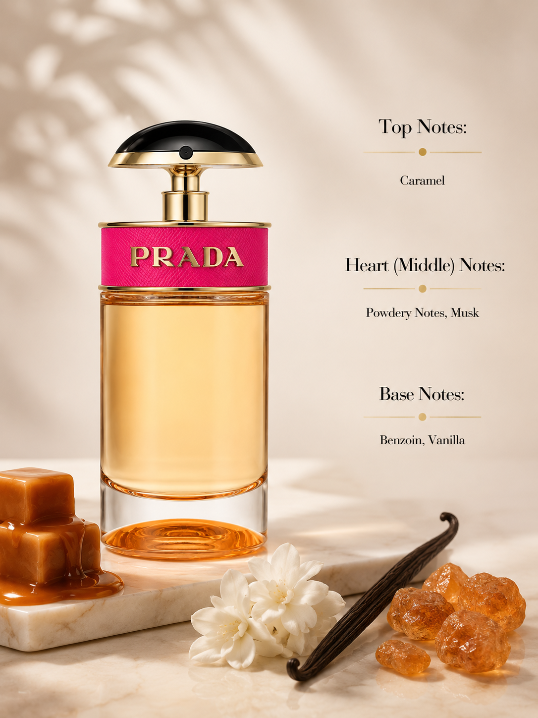 Prada Candy Eau de Parfum displayed with fragrance notes, surrounded by caramel, vanilla bean, benzoin resin, jasmine flowers, and golden amber crystals, highlighting its warm gourmand fragrance with sweet caramel, soft musk, creamy vanilla, and rich benzoin accords.