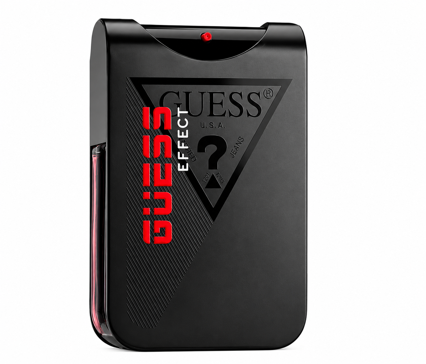 Guess 1981 Los Angeles Men Eau de Toilette bottle isolated on a white background, featuring a sleek matte black rectangular flask design with bold red Guess branding and a modern pocket-sized silhouette.