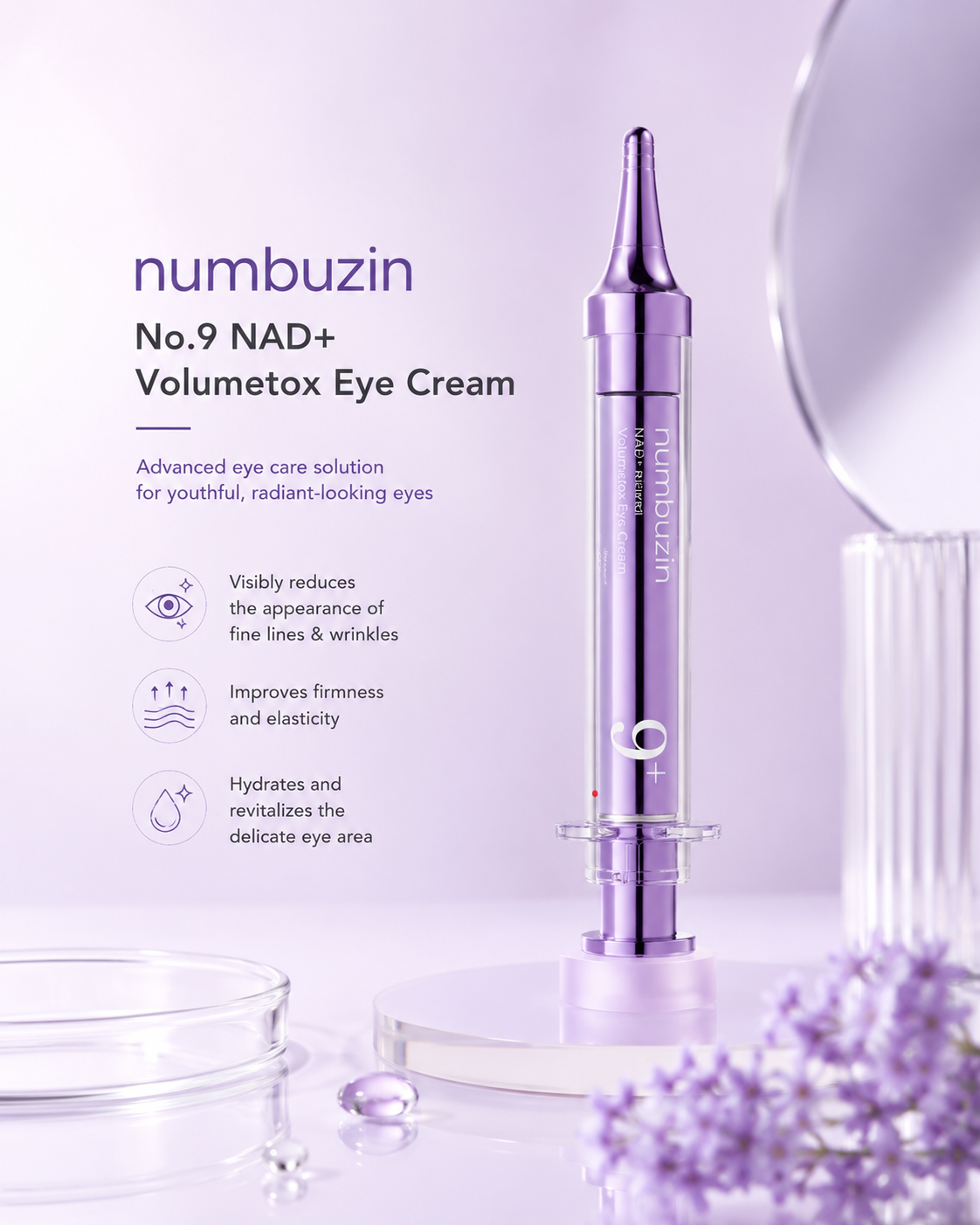 Numbuzin No.9 NAD+ Retinol Volumetox Eye Cream 10ml with product details on a light purple background