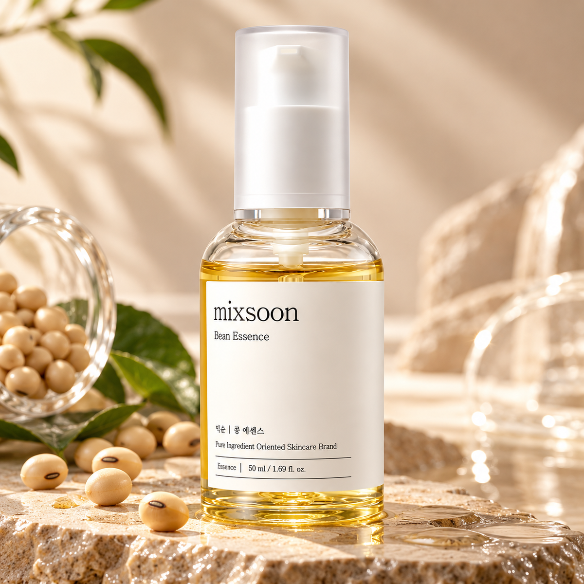 mixsoon Bean Essence 50ml displayed in a warm natural skincare setting with soybeans, green leaves and soft sunlight, highlighting its minimalist Korean beauty aesthetic.