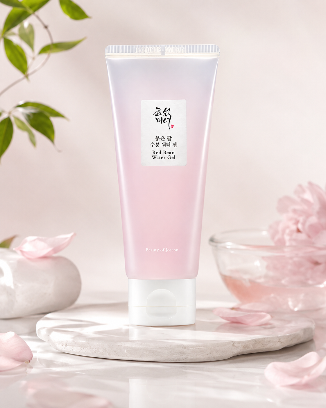 Beauty of Joseon Red Bean Water Gel 100ml on a light background with flowers and leaves.