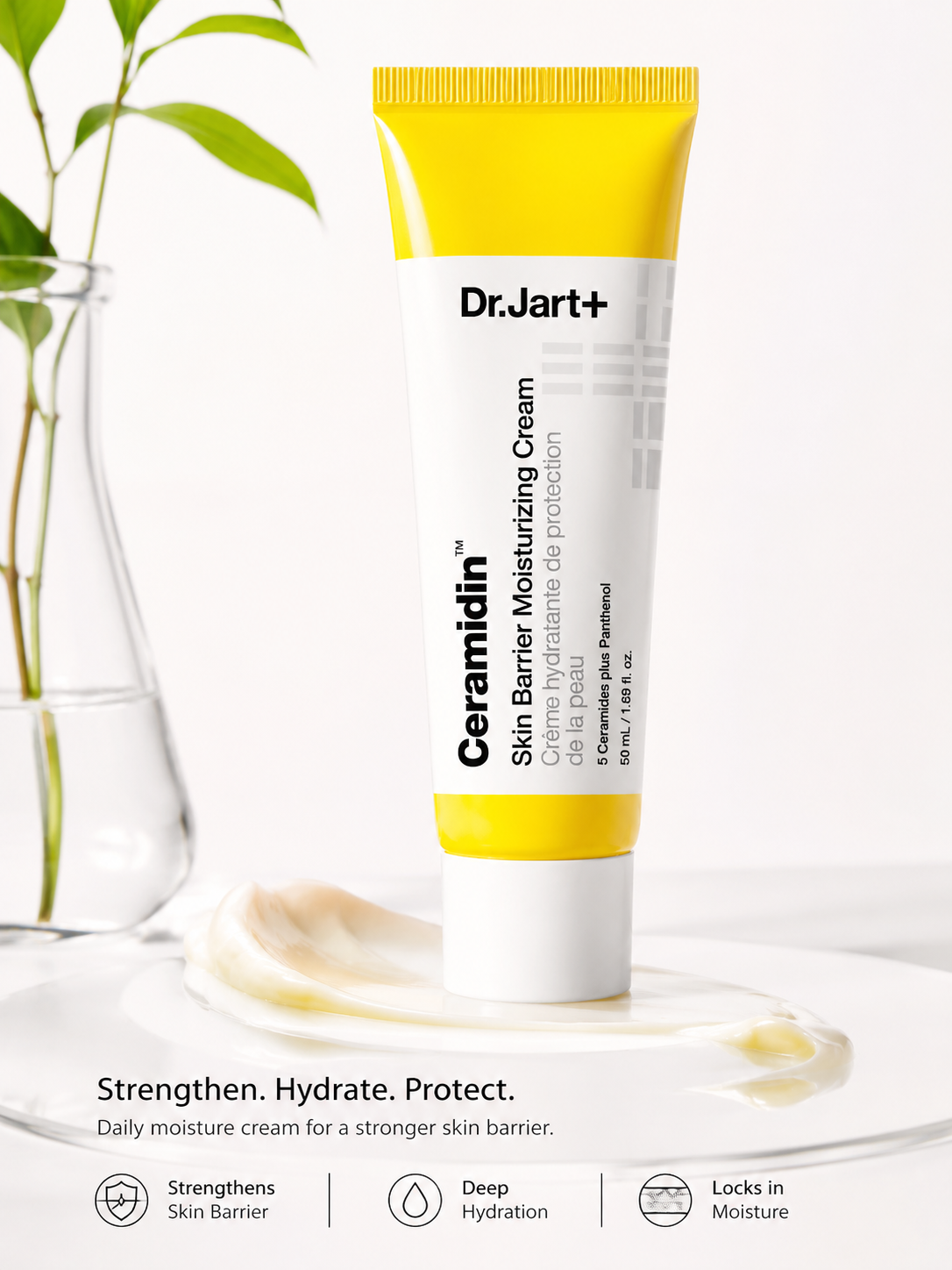 Dr.Jart+ Ceramidin Skin Barrier Moisturizing Cream 50ml tube on a white background with a plant.